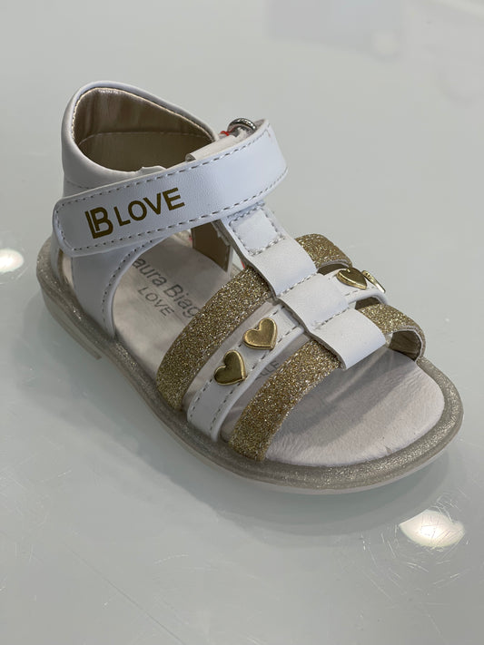 LAURA BIAGIOTTI - Sandalo bianco e dorato con glitter e cuoricini