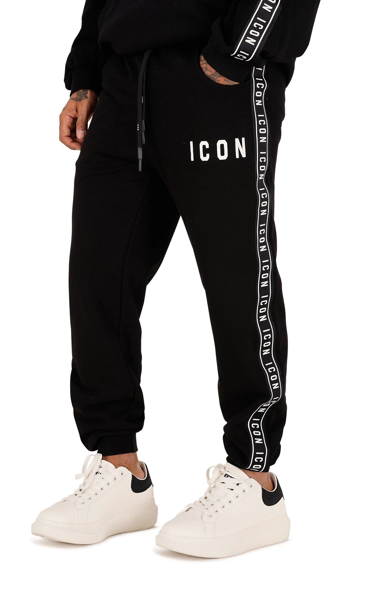ICON - Pantalone nero con bande laterali bianche uomo