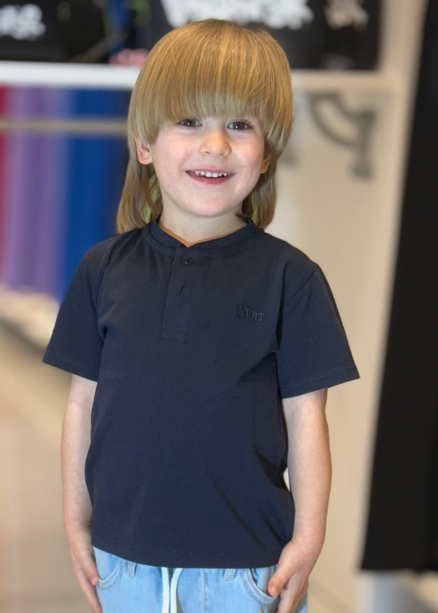 NEVER TOO -  T-Shirt blu serafino con bottoni bambino