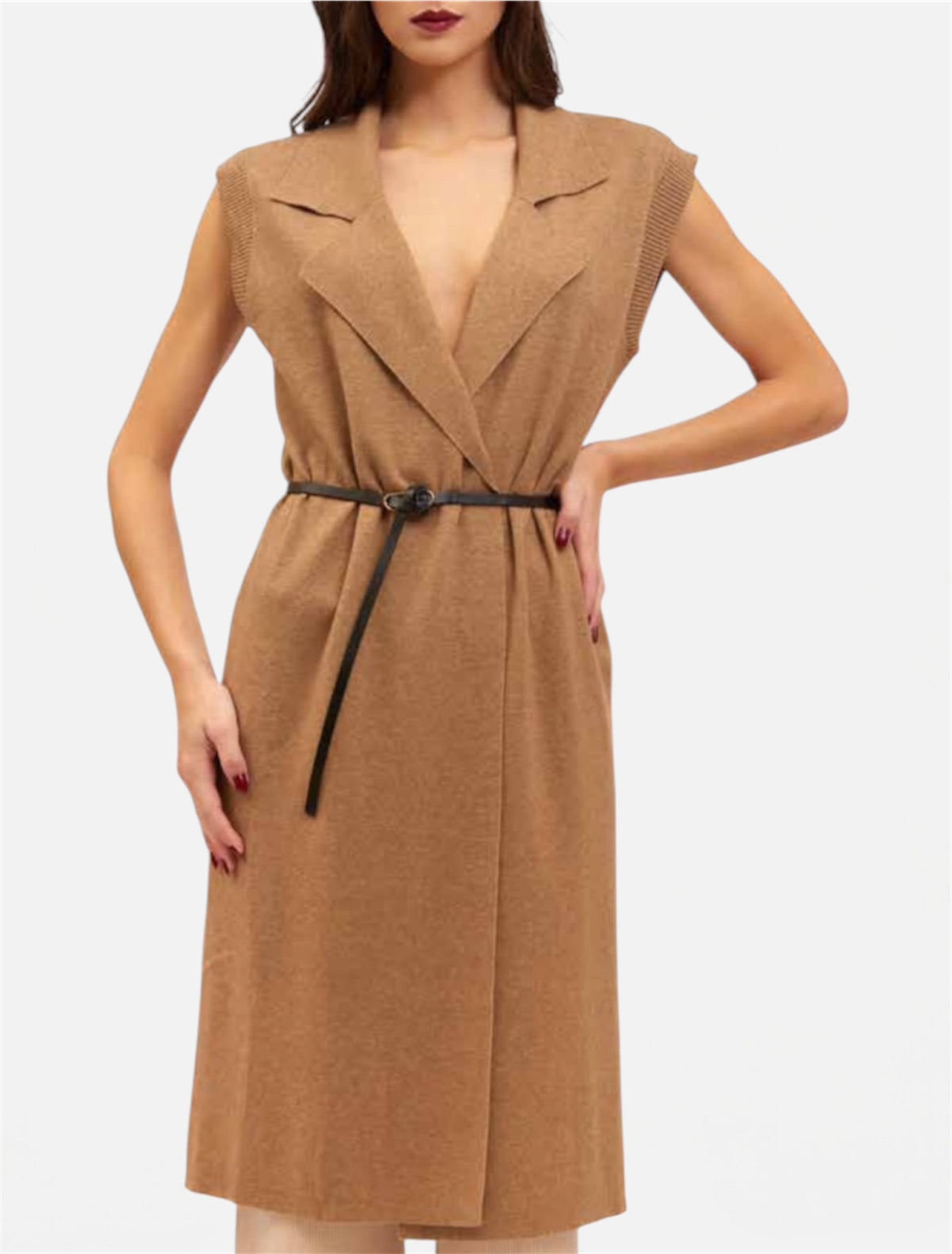KORALLINE - Gilet lungo con cintura ecopelle donna