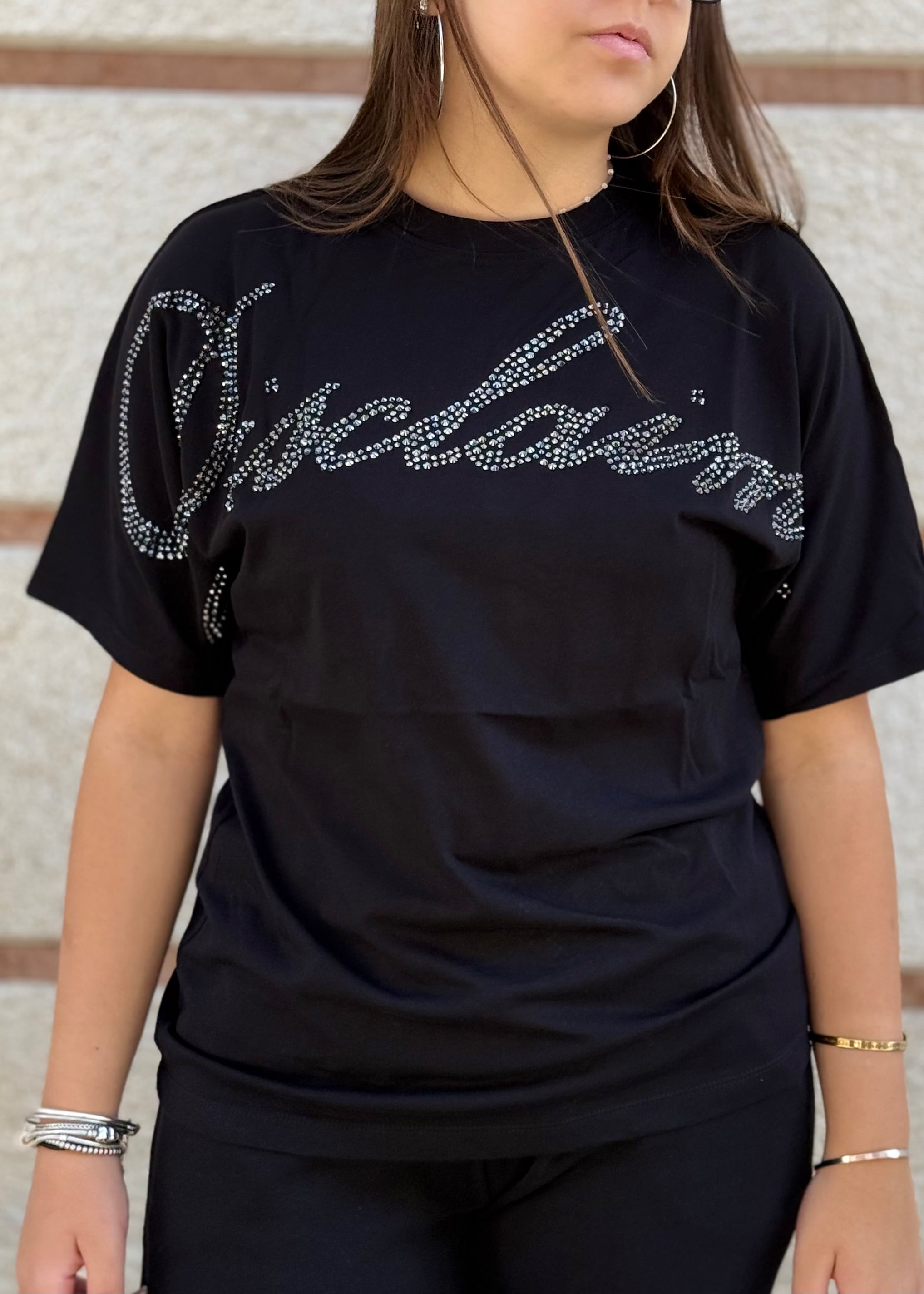 DISCLAIMER - T-shirt con logo in strass donna