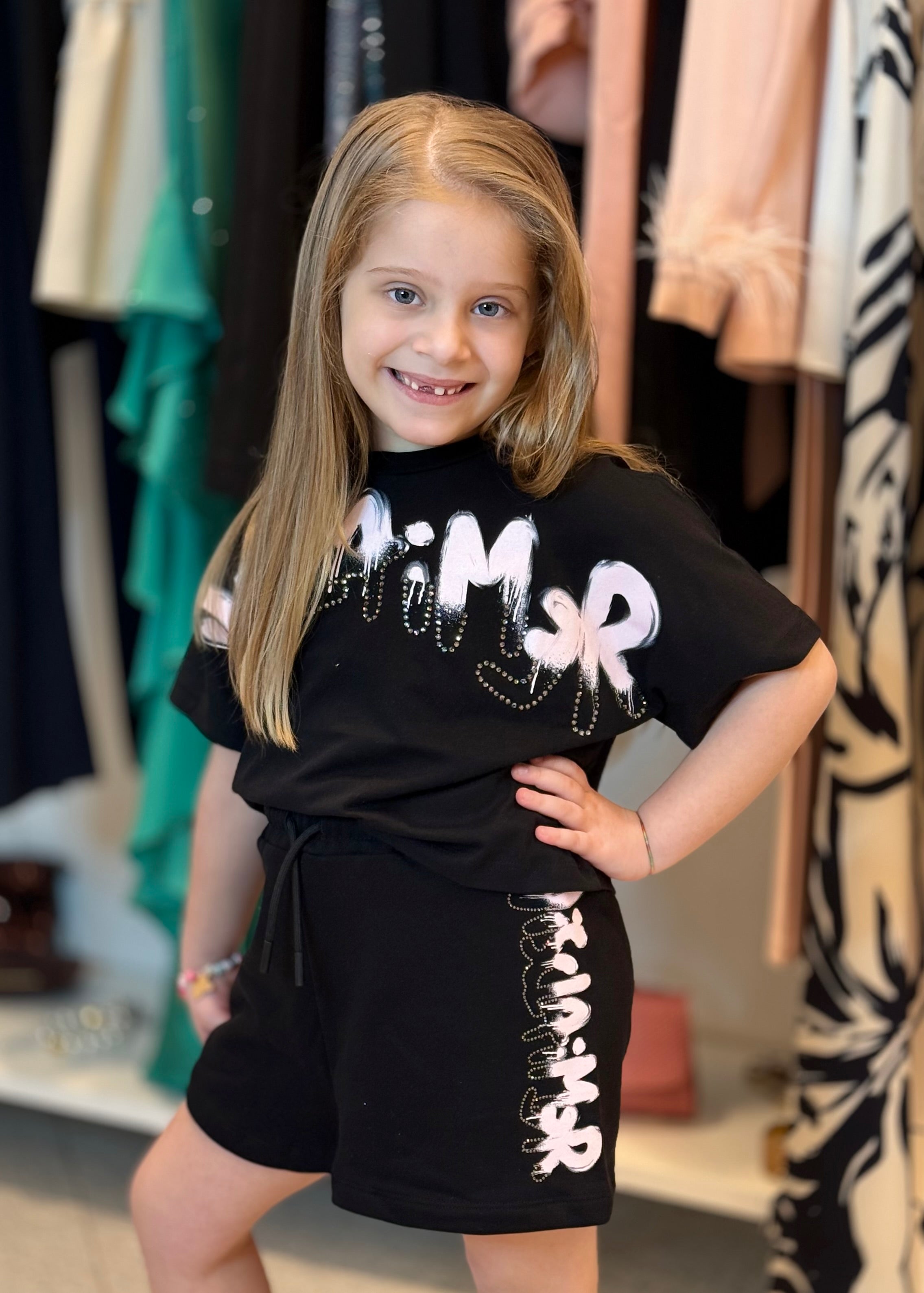 DISCLAIMER - T-shirt nera crop crop logo rosa e strass bambina