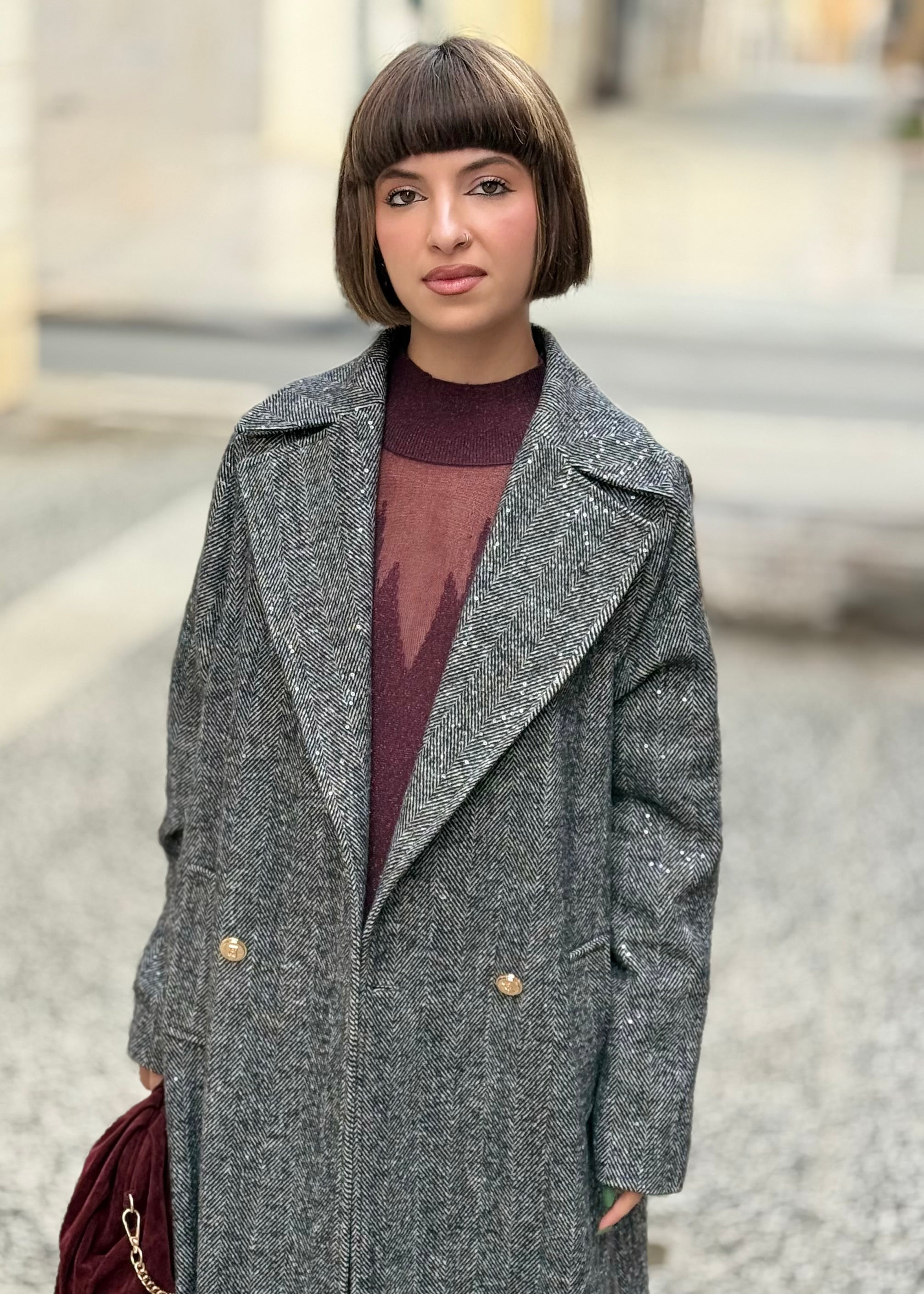 DIGITAL - Cappotto lungo con micro paillettes e bottoni oro donna