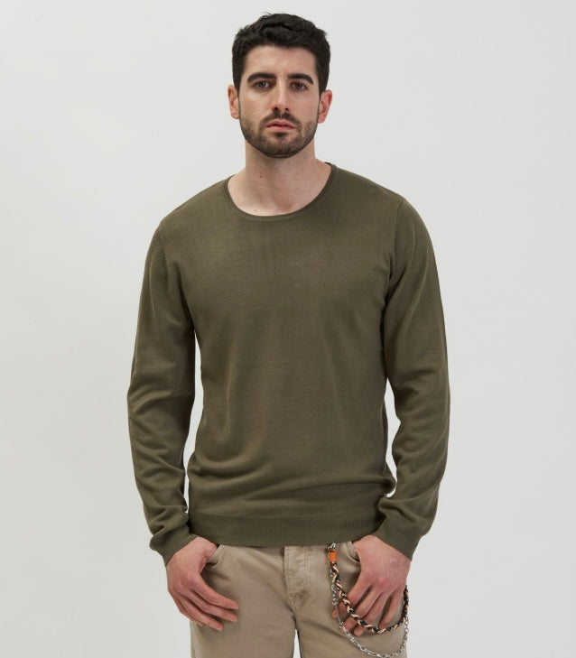 GIANNI LUPO - Maglioncino girocollo verde militare in lana rasata uomo