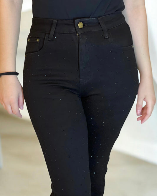 AN-AIM - Jeans nero a zampa con strass donna