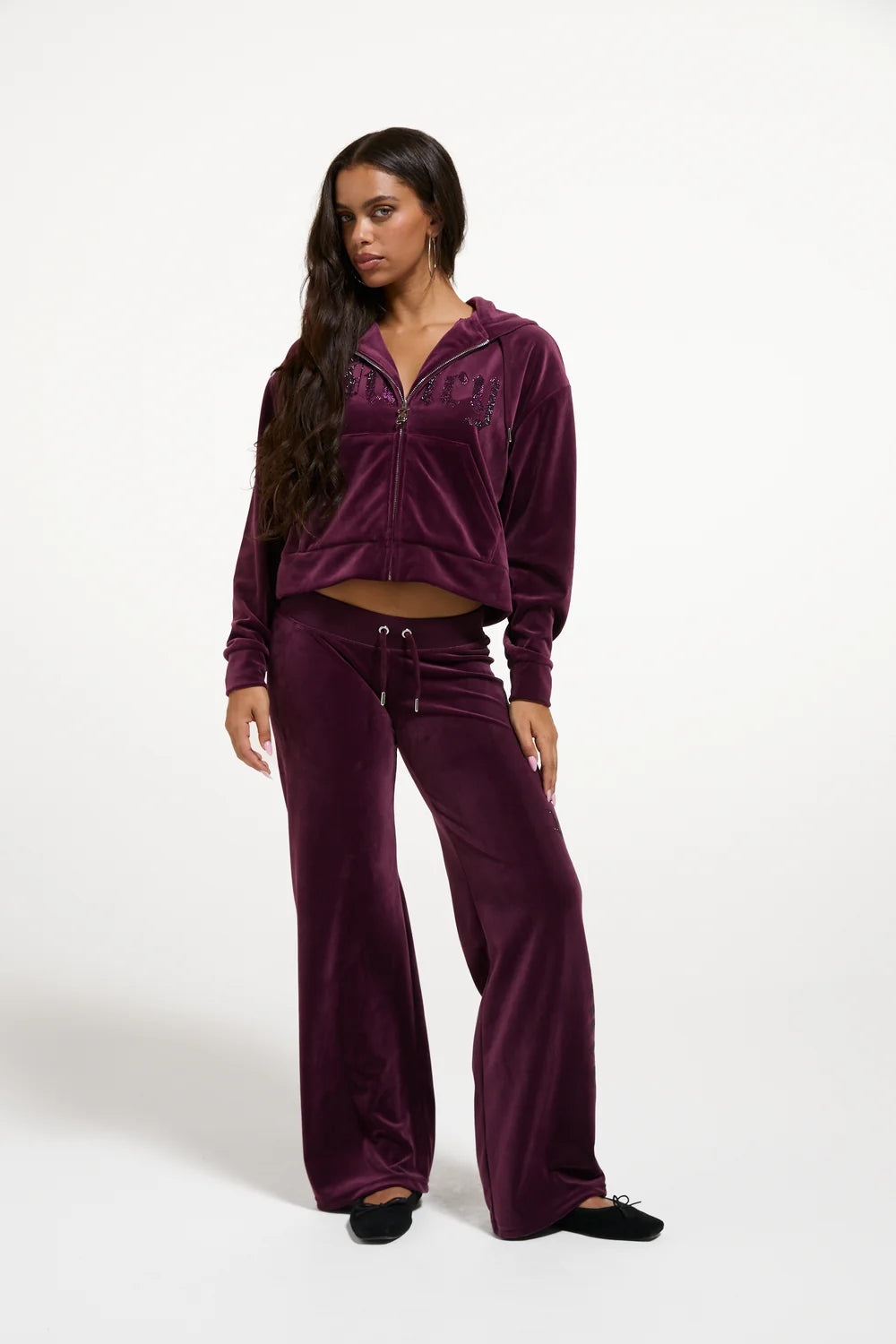 JUICY COUTURE - Pantalone con logo in strass in ciniglia donna