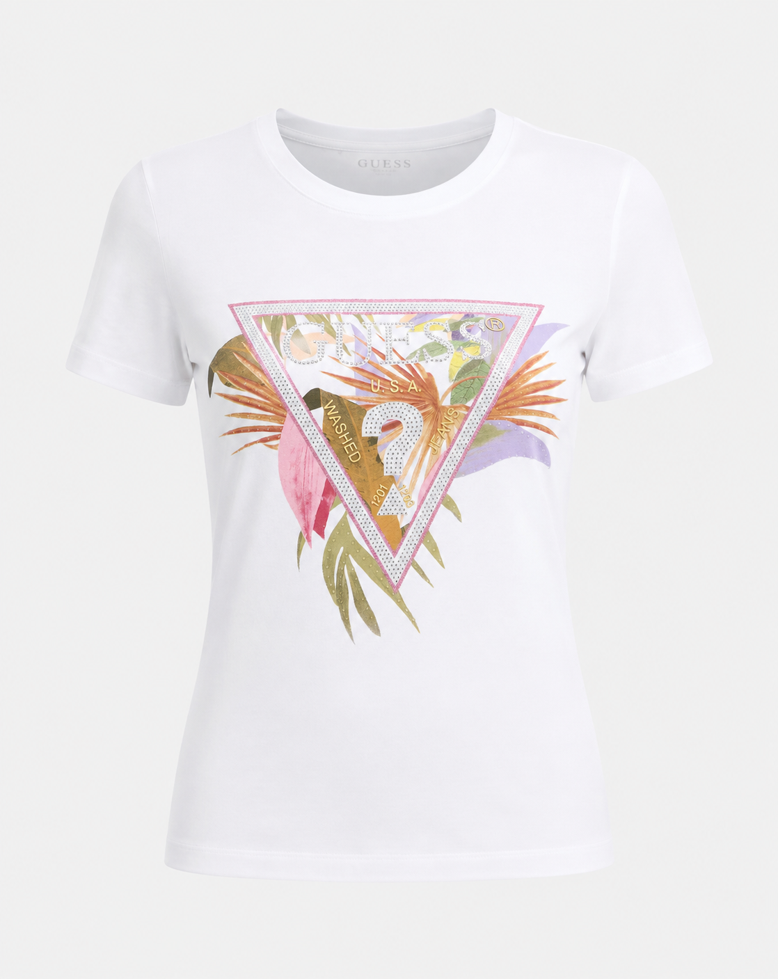 GUESS - T-shirt con stampa e logo in strass donna