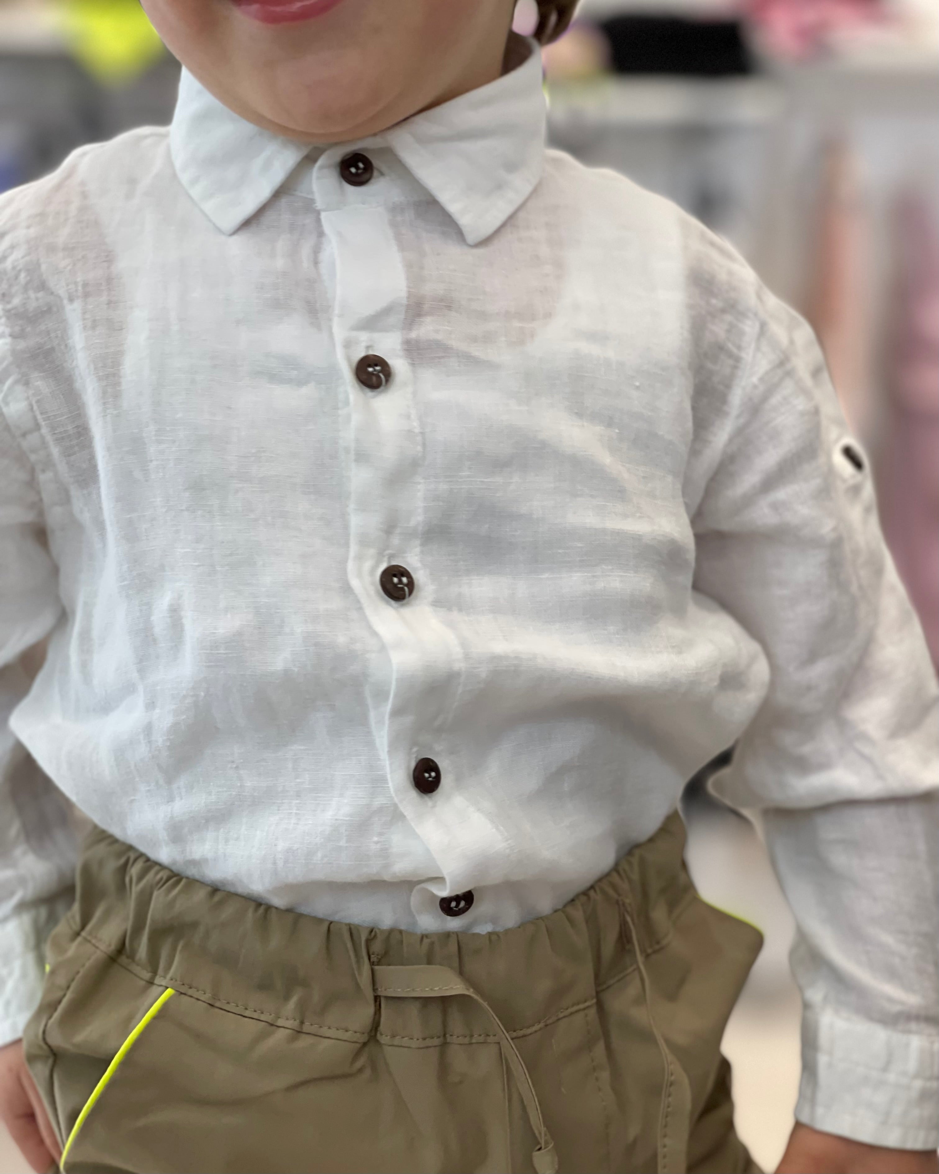 NEVER TOO - Camicia in lino con bottoni marroni bambino