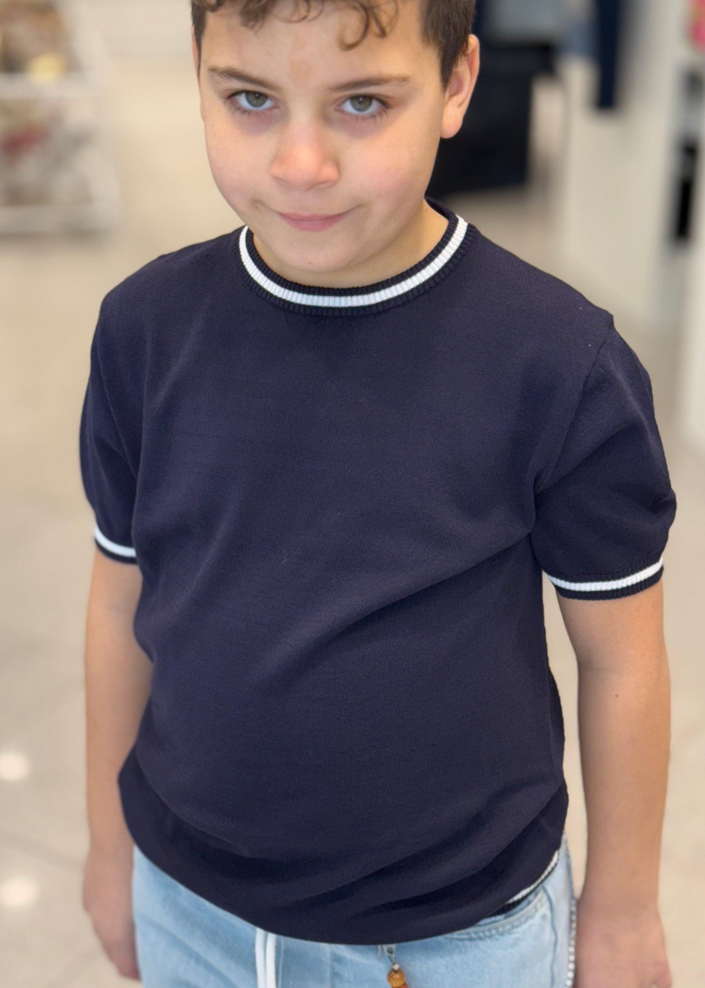 NEVER TOO - T-shirt blu in filo con rifiniture bianche bambino