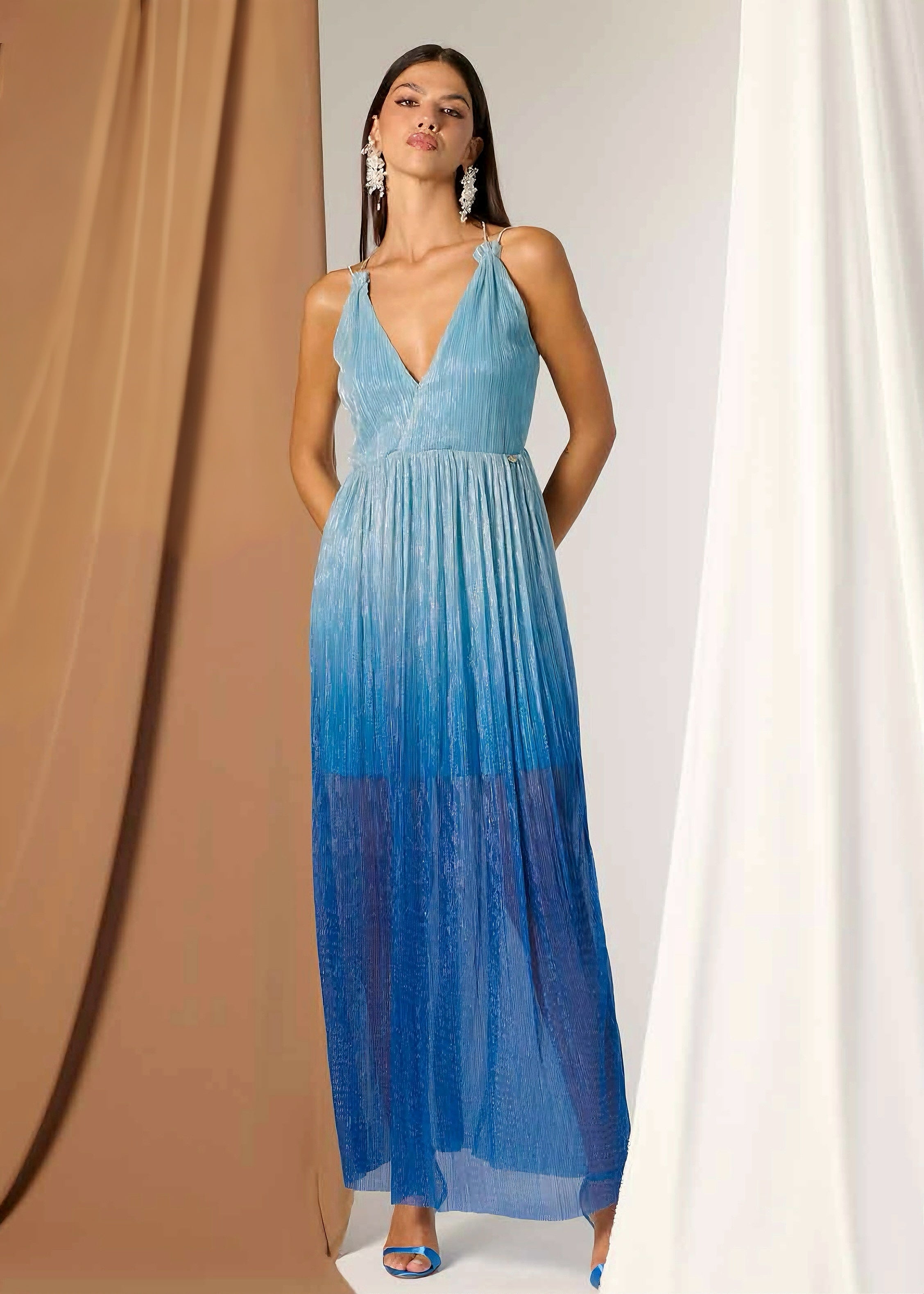 JE-NE - Abito lungo con scollatura V azzurro sfumato donna