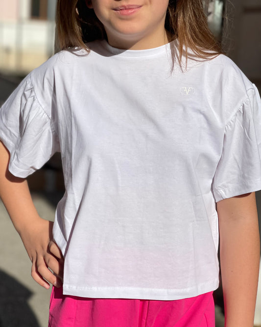 FUN FUN - T-shirt bianca con manica a sbuffo e logo tono su tono