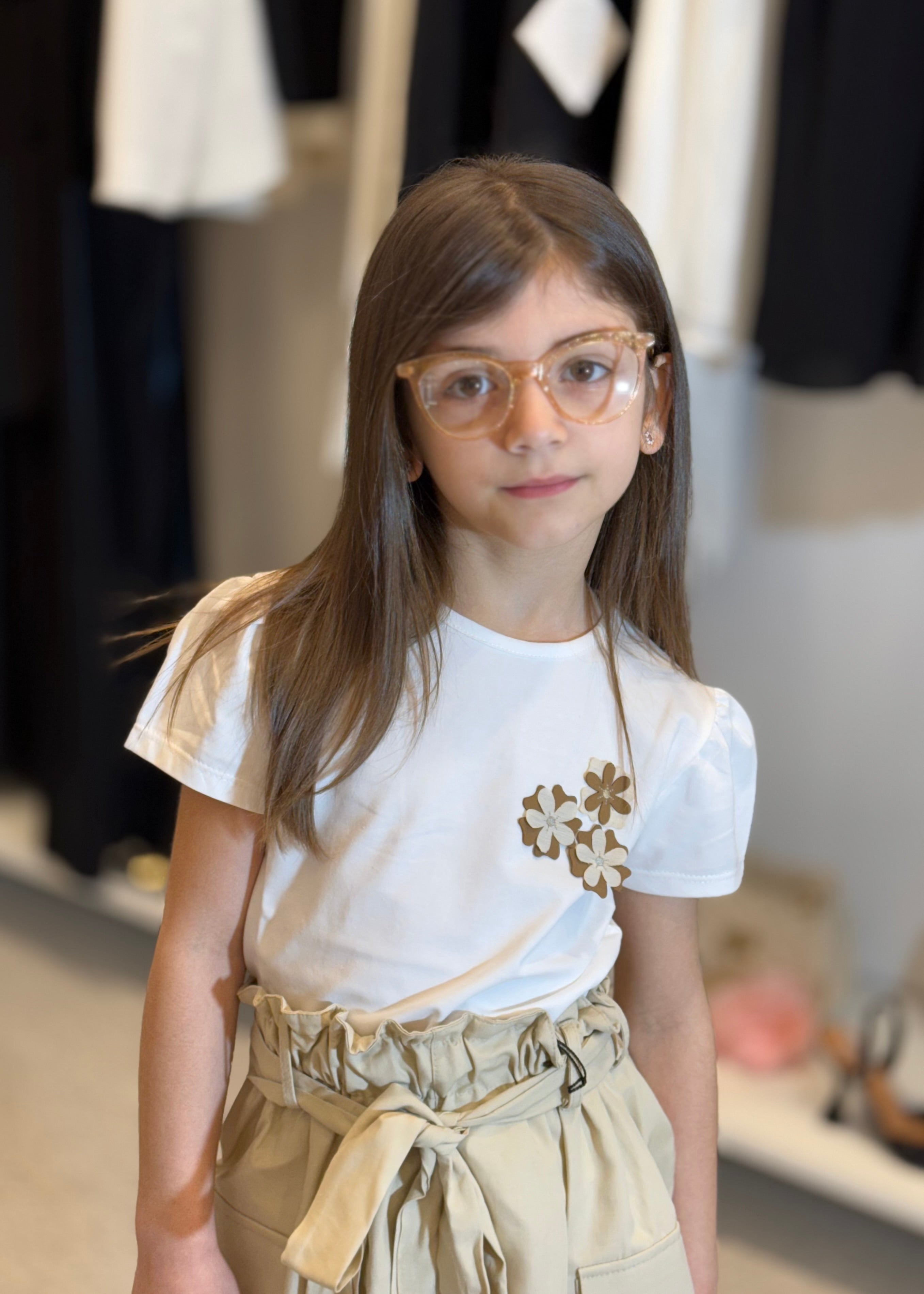 JANICE - T-shirt bianca con fiori panna bambina
