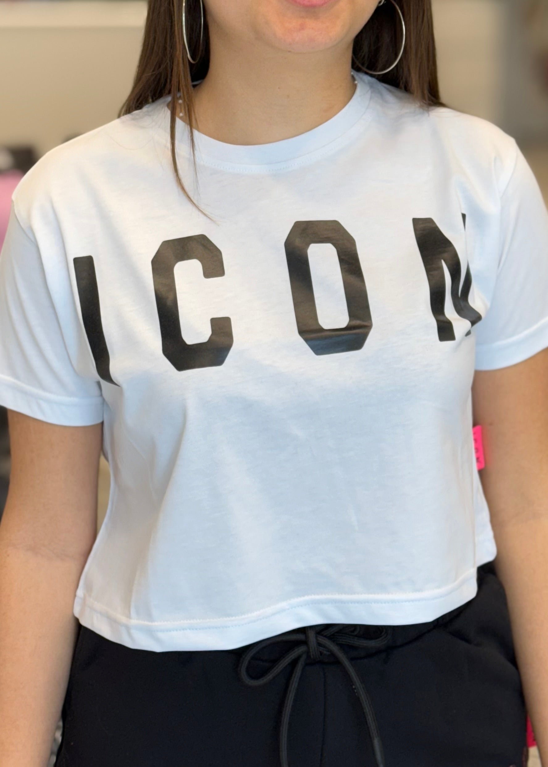 ICON - T-shirt crop bianca con logo nero donna