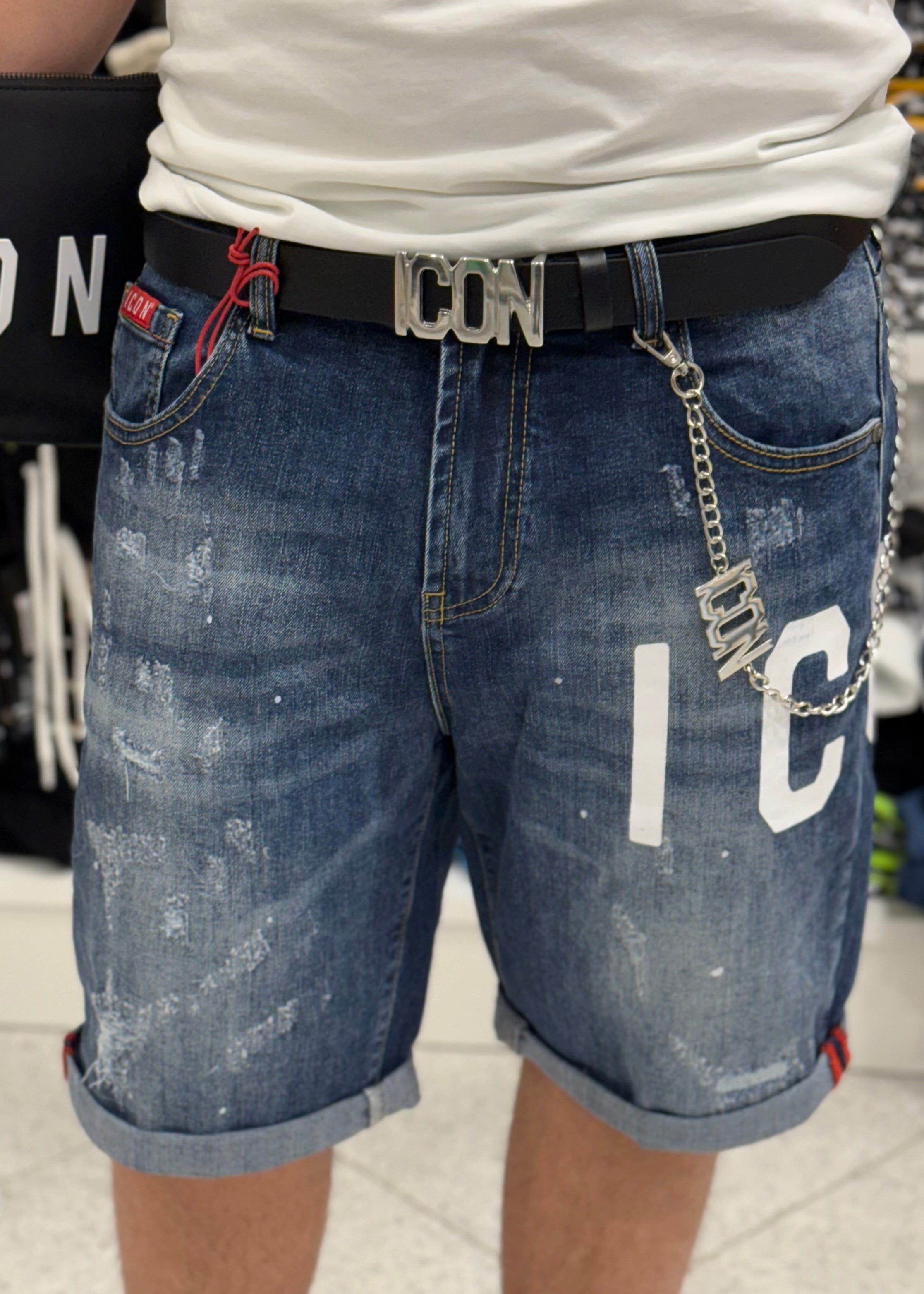 ICON - Bermuda in denim con logo bianco uomo