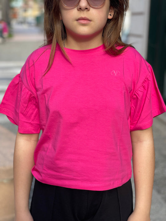 FUN FUN - T-shirt fucsia con manica a sbuffo e logo tono su tono