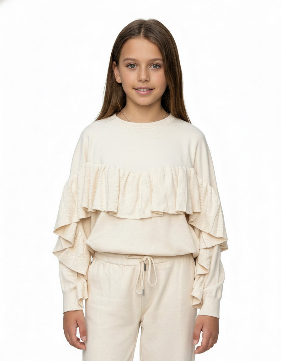 JANICE - Maglia panna con rouge in lana rasata bambina