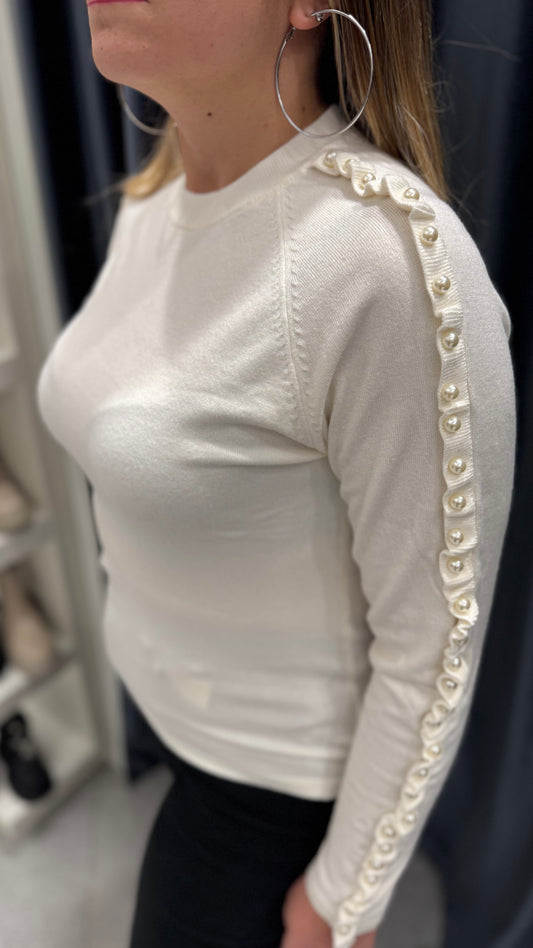 JMC ATELIER - Maglia panna con perle e ricetto donna