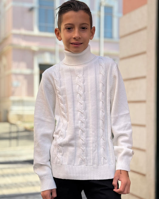 NEVER TOO - Maglione dolcevita bianco in lana intrecciata bambino