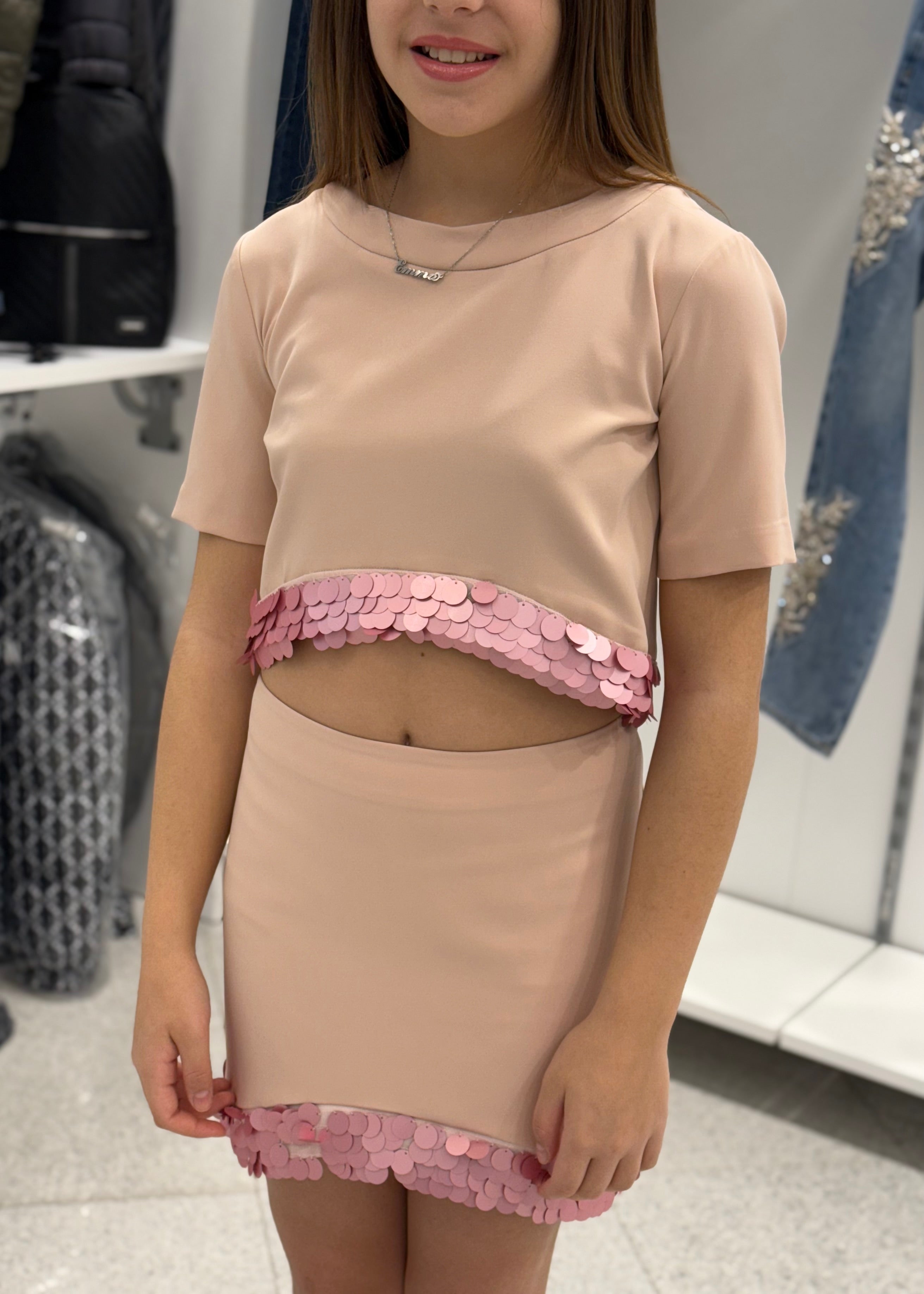 FUN FUN - COUTURE -  Gonna rosa cipria con maxi paillettes