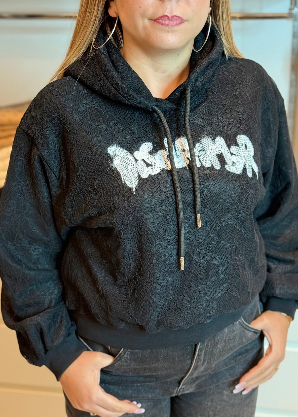 DISCLAIMER - Felpa in pizzo con cappuccio e logo donna
