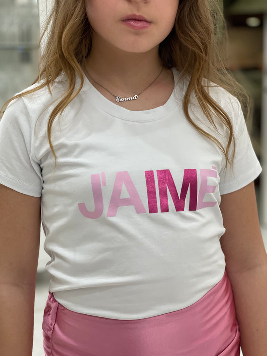J'AIME - T-shirt bianca con maxi logo sui toni del rosa bambina