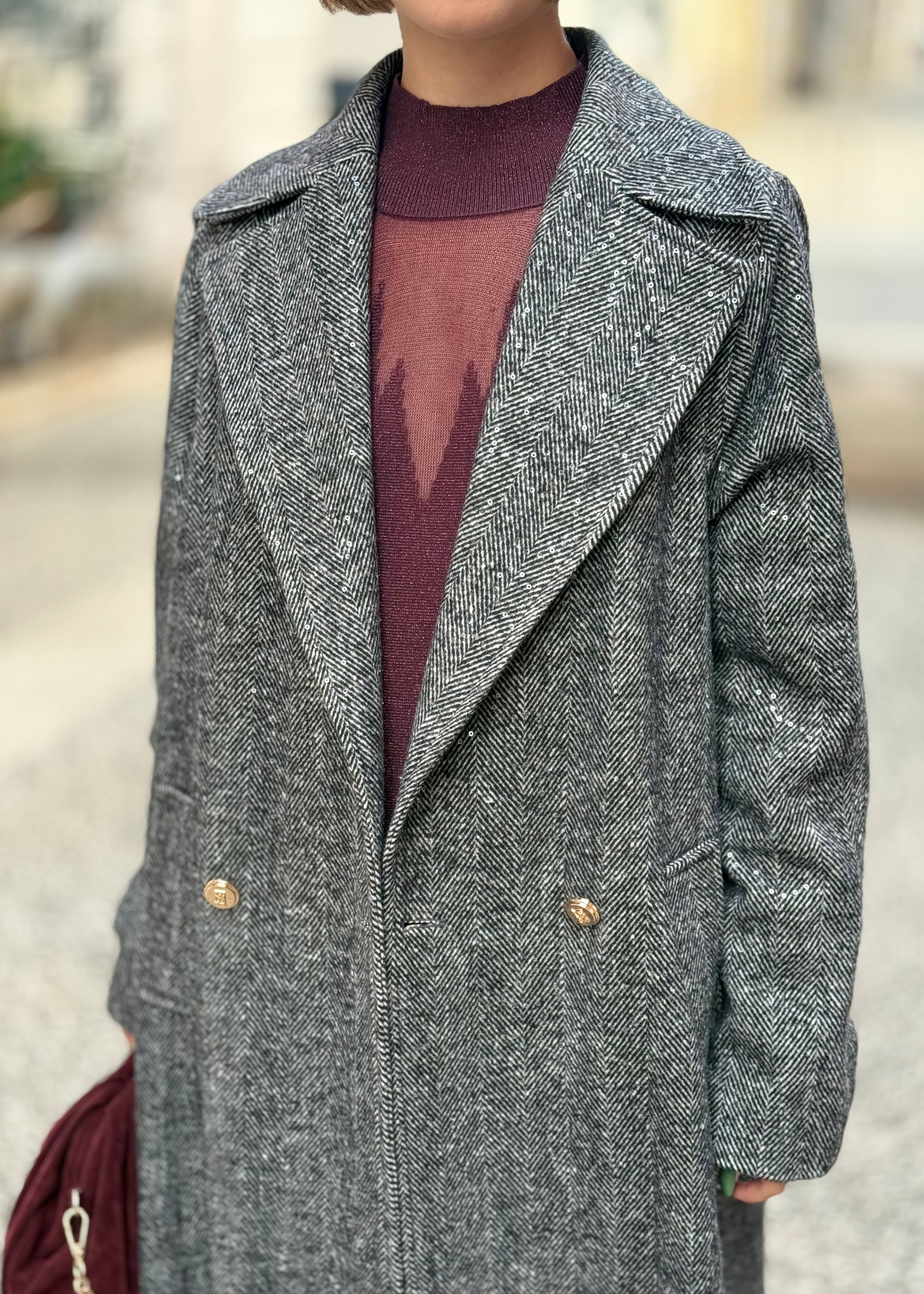 DIGITAL - Cappotto lungo con micro paillettes e bottoni oro donna