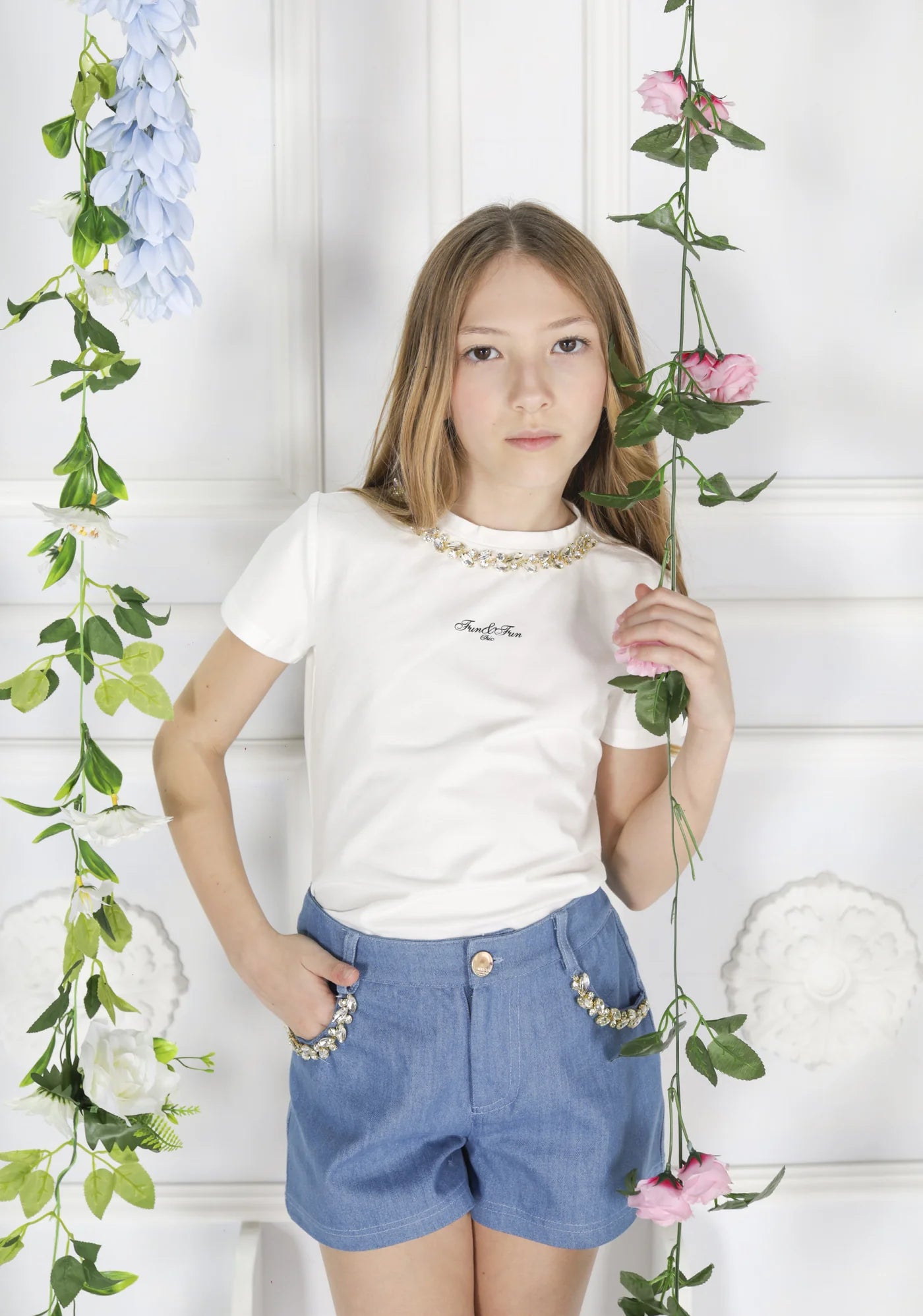 FUN FUN - T- Shirt bianca con logo e collo in pietra bambina - ragazza