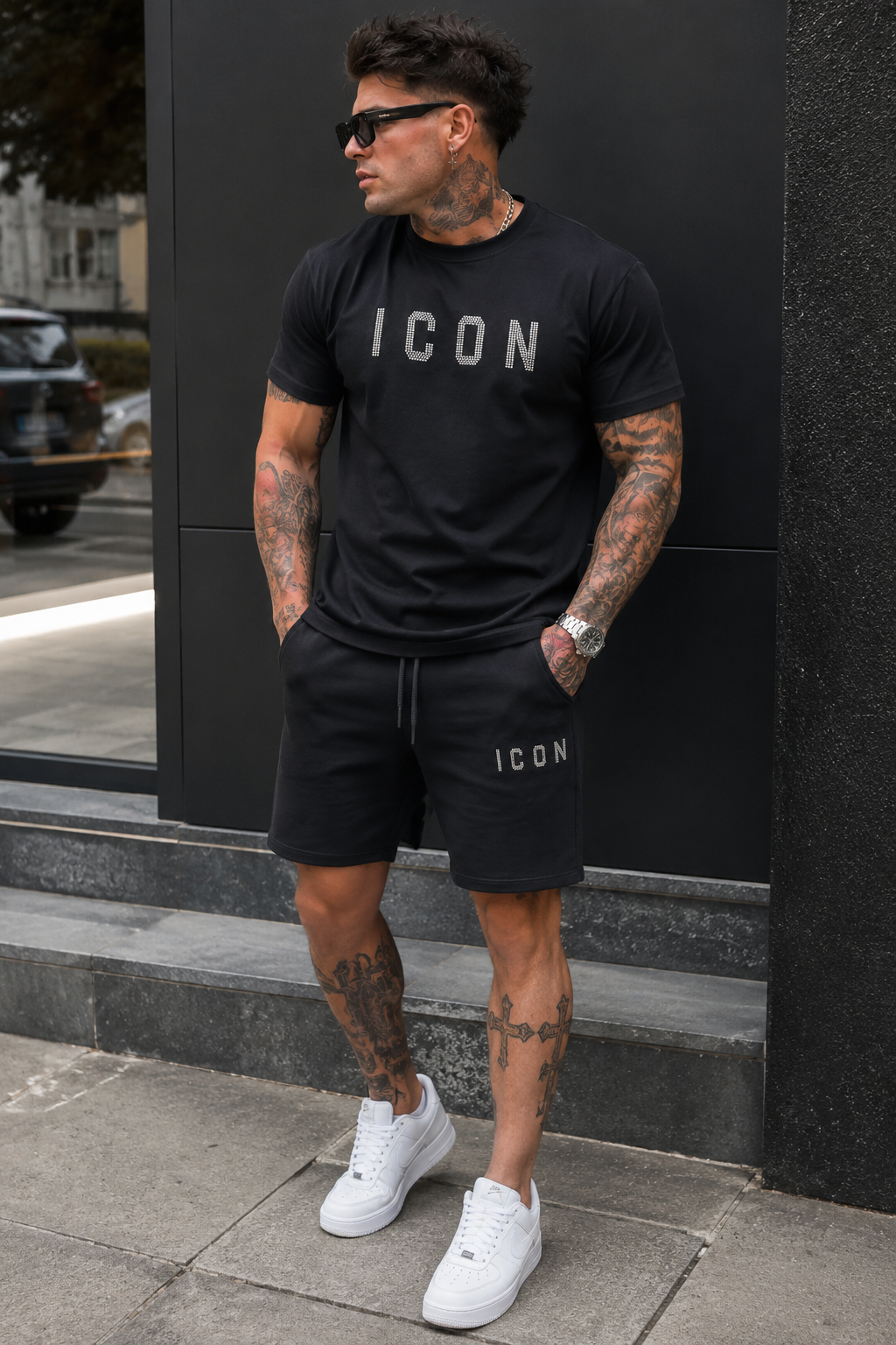 ICON - Bermuda con logo borchiato uomo