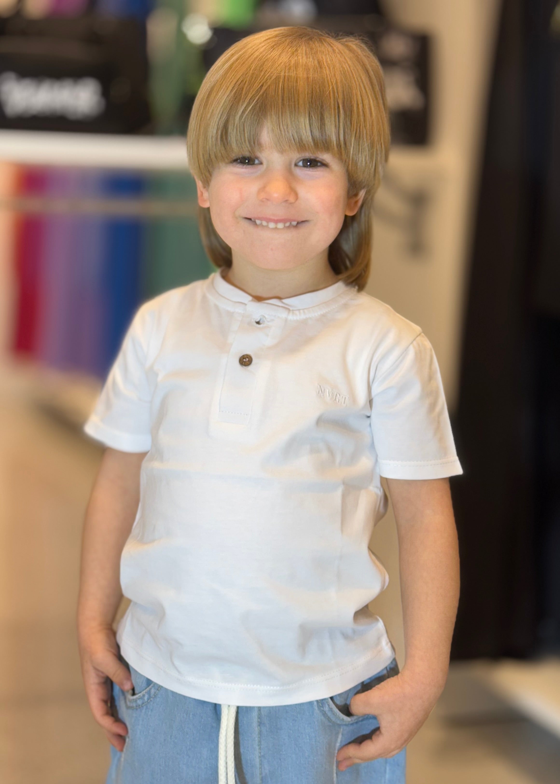 NEVER TOO -  T-Shirt bianca serafino con bottoni bambino