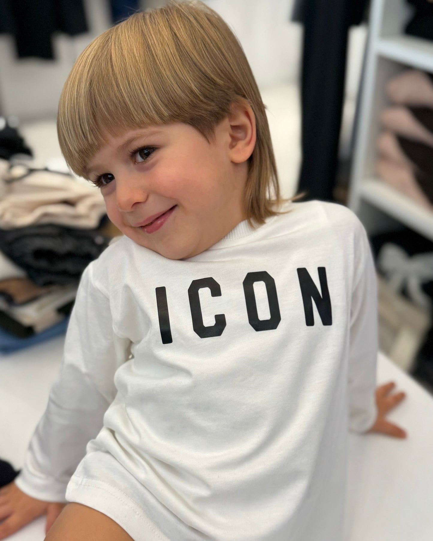 ICON -  T-shirt manica lunga bianca  con logo nero bambino