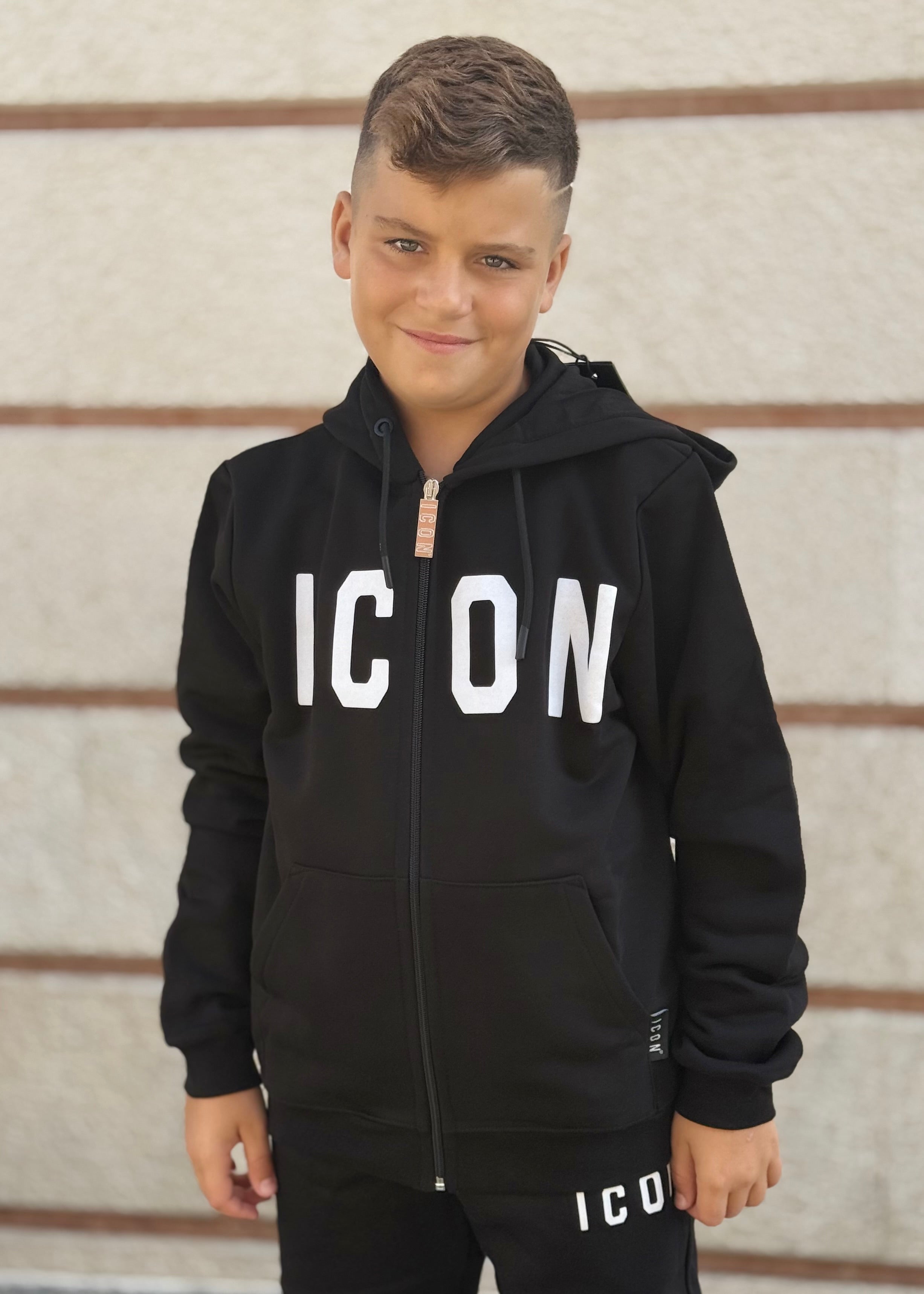 ICON - Felpa con zip e cappuccio con maxi logo bambino