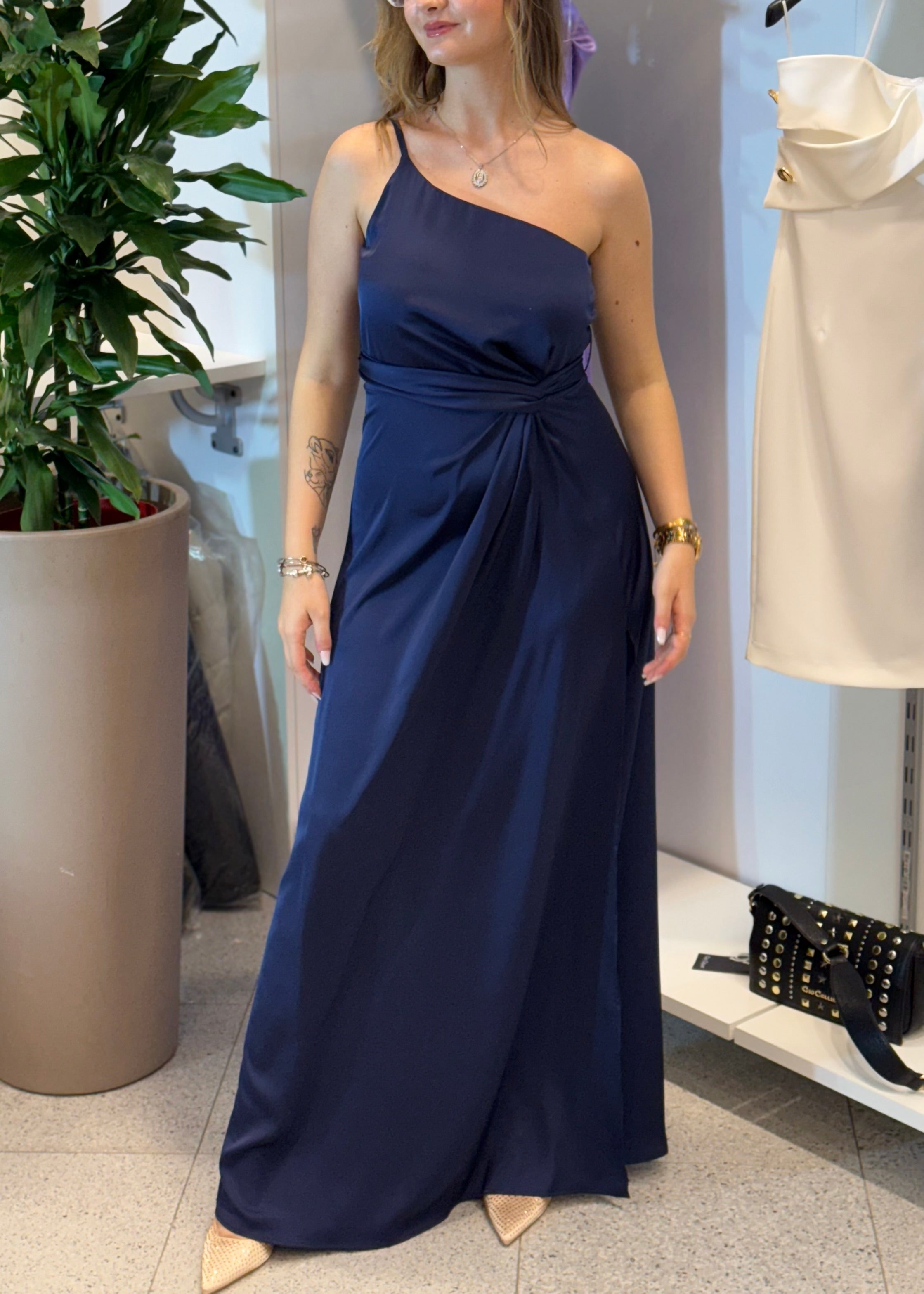 JE-NE - Abito in raso monospalla blu donna