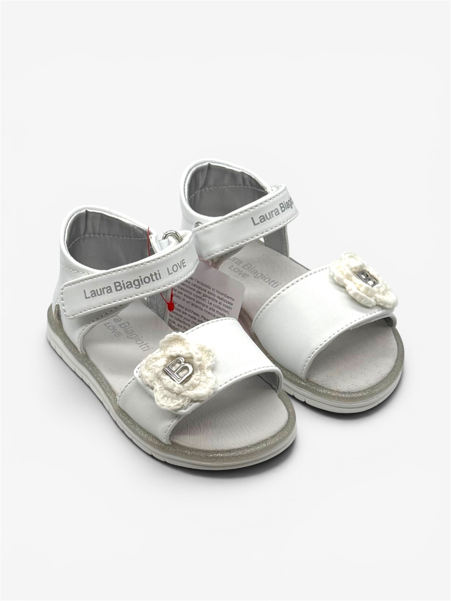 LAURA BIAGIOTTI - Sandalo bianco con fiore all'uncinetto bambina