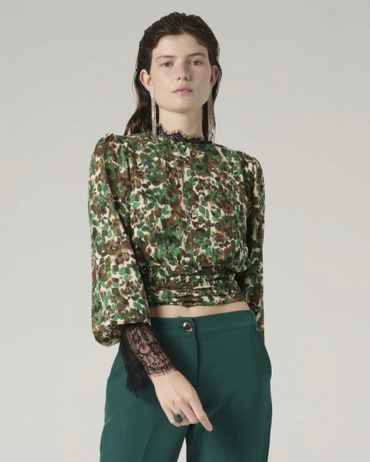 JE-NE - Blusa fantasia verde con maniche e collo in pizzo