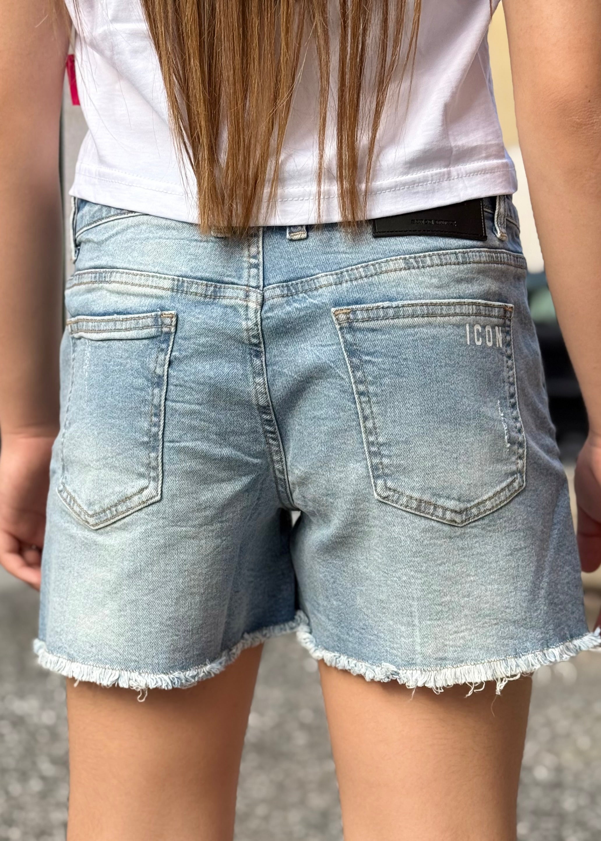 ICON - Short con frange in denim bambina
