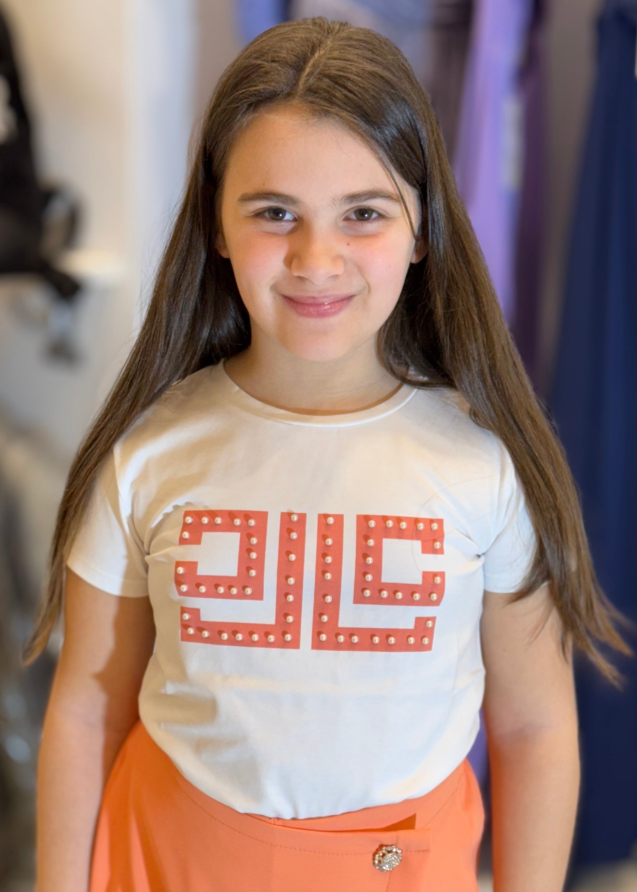 JANICE - T-shirt bianca con stampa pesca e perle bambina