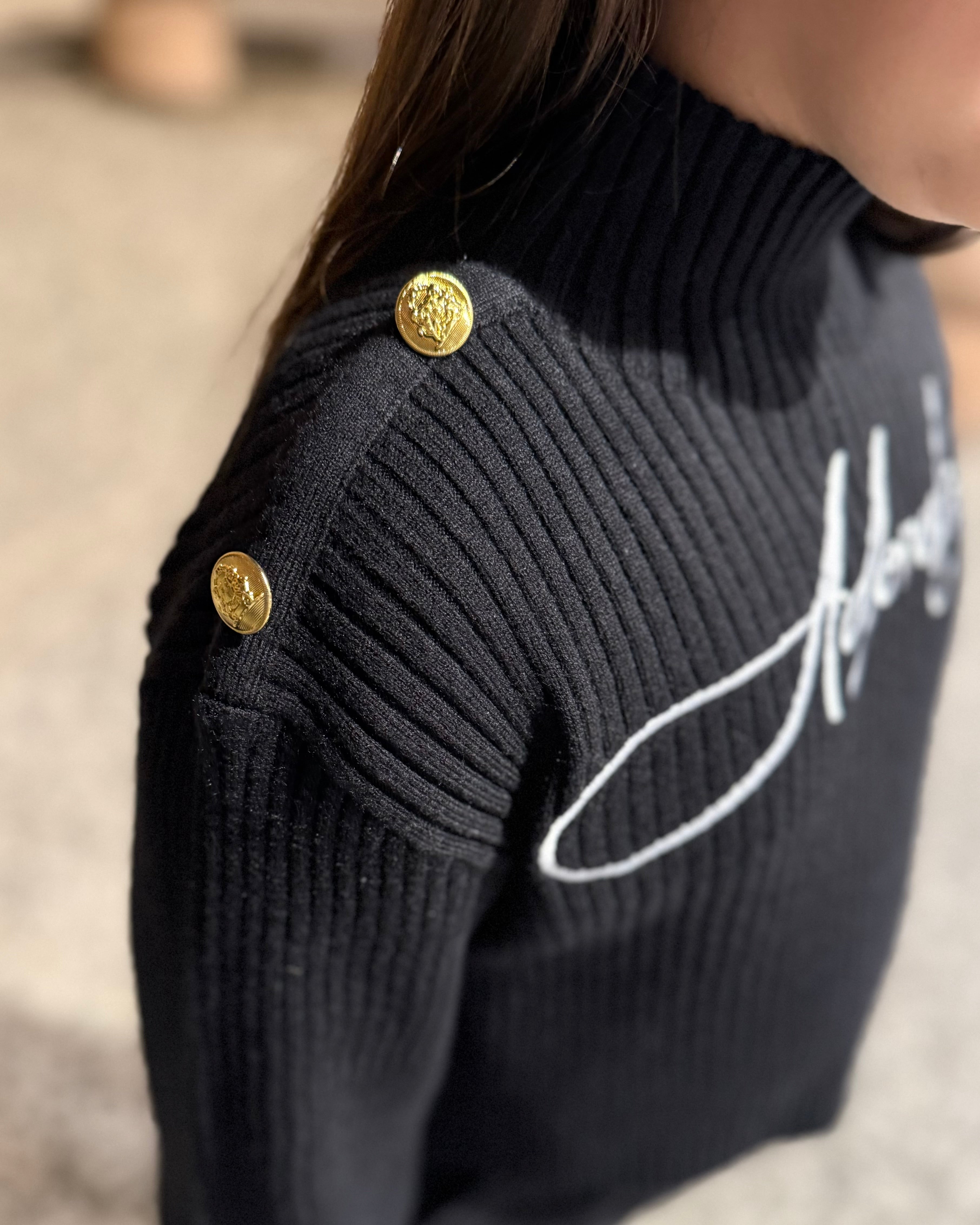 JANICE - Maglia nera con bottoni oro e maxi scritta bianca bambina