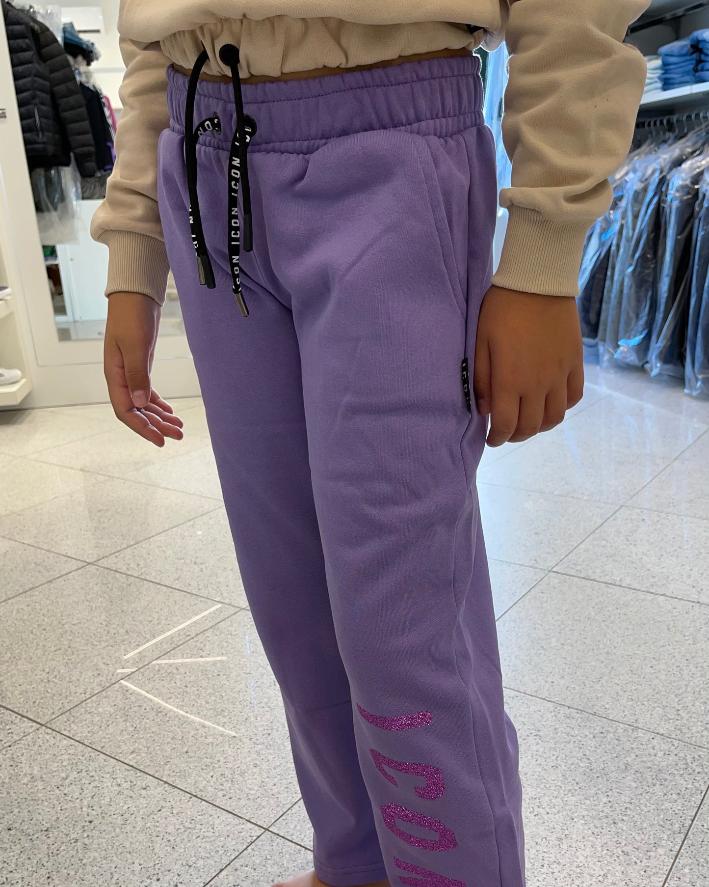 ICON - Pantaloni lilla con logo glitter fucsia