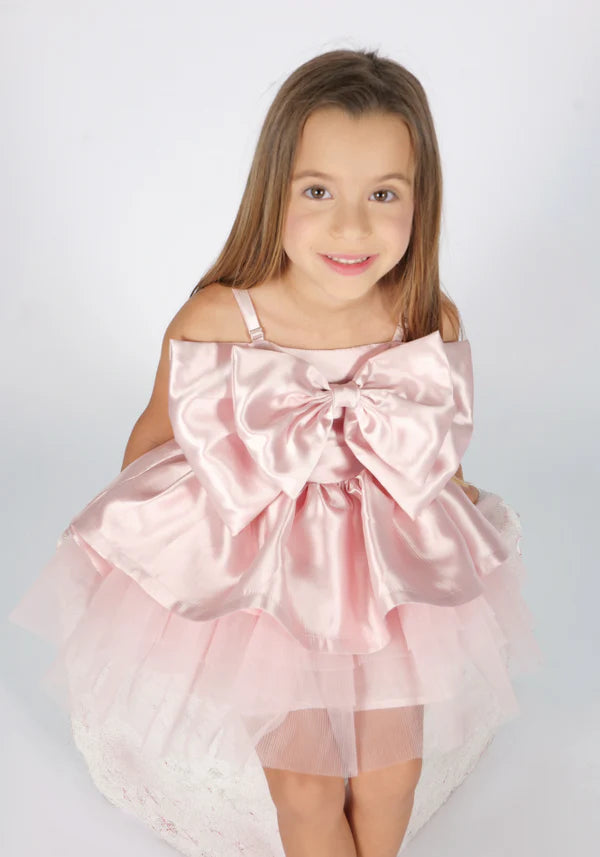 FUN FUN - Abito rosa con maxi fiocco in raso e tulle bambina