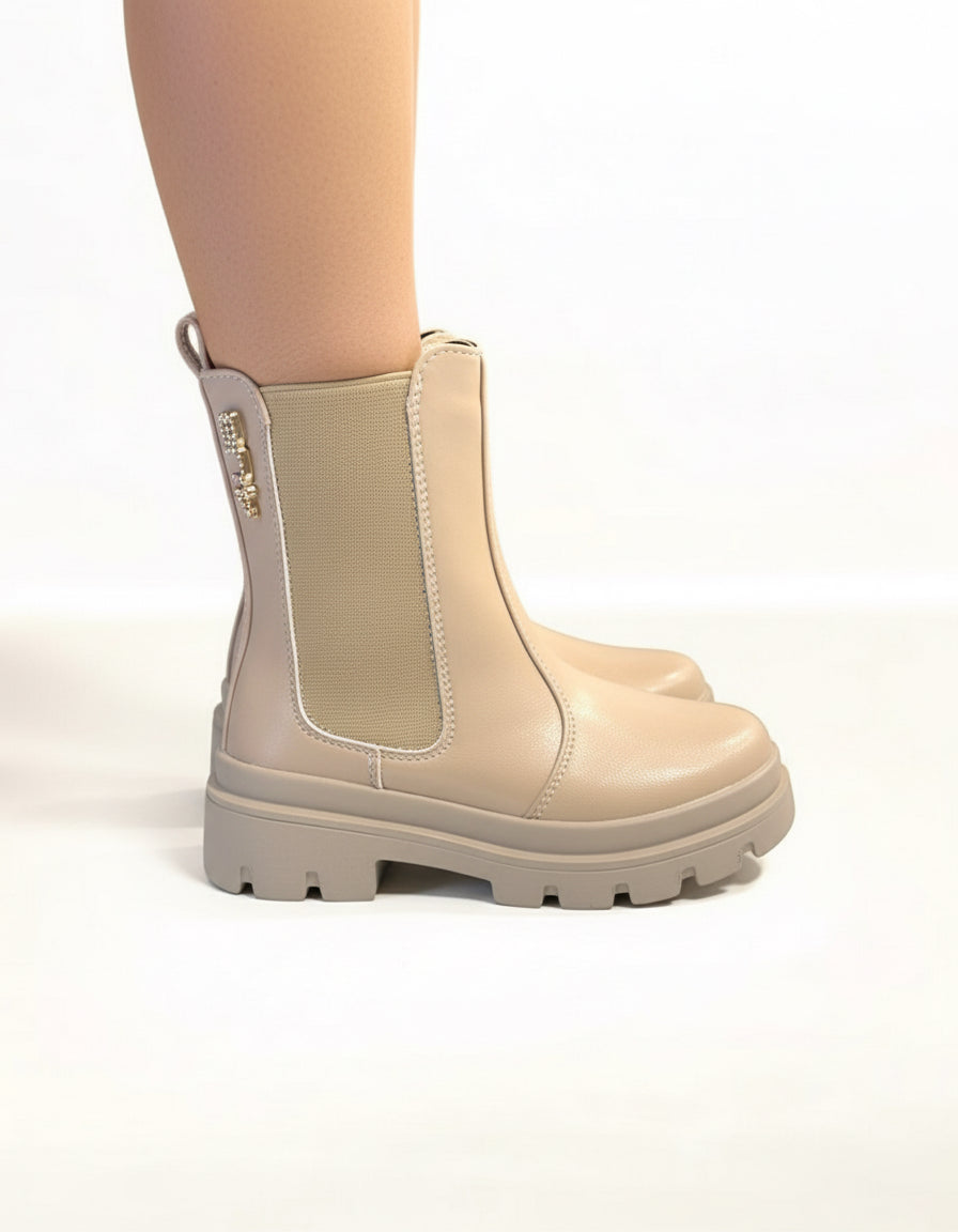 4US BY CESARE PACIOTTI - Stivaletto beige con logo in strass oro