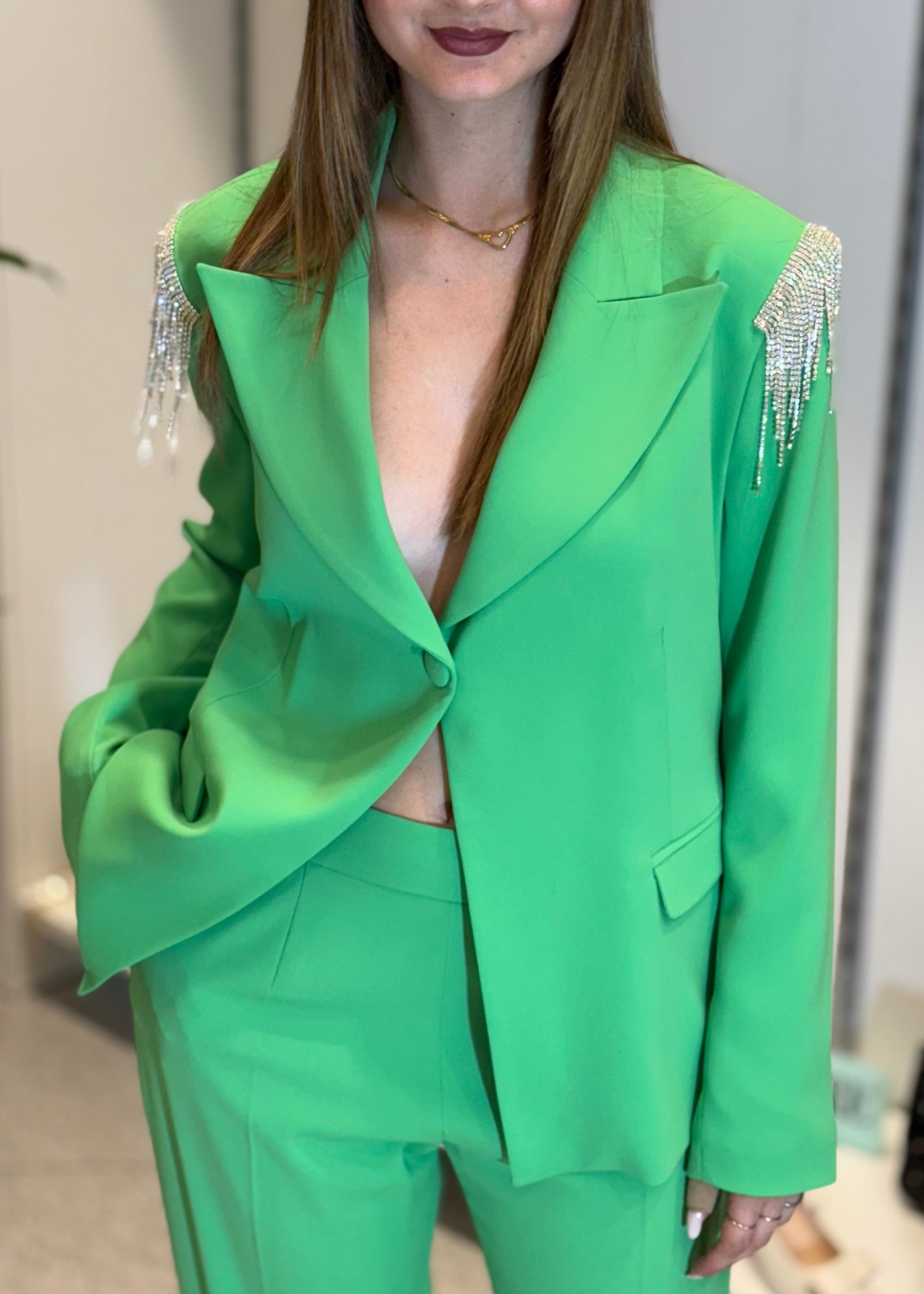 DIGITAL - Giacca blazer verde con strass sulle maniche donna