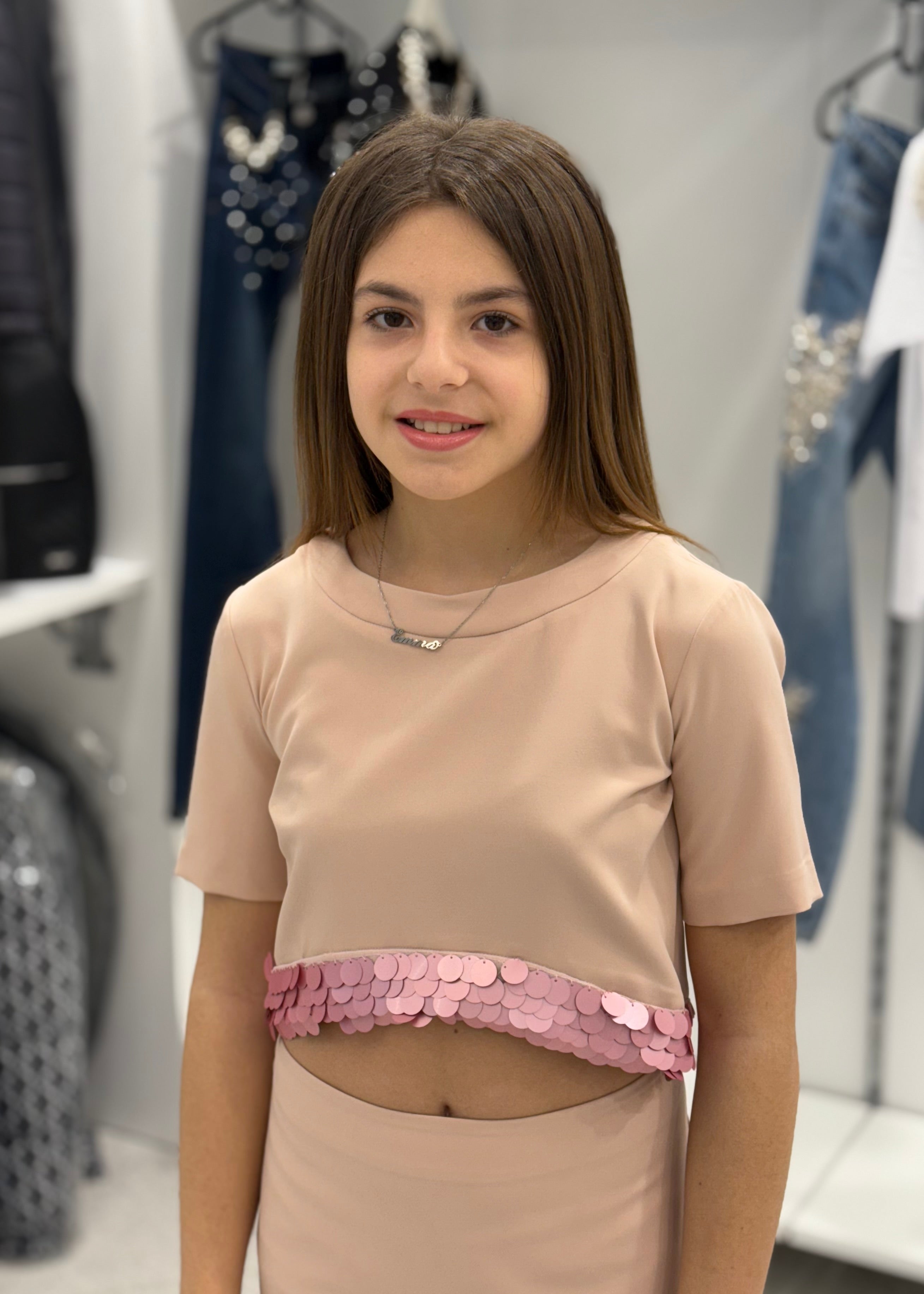 FUN FUN - COUTURE -  Gonna rosa cipria con maxi paillettes