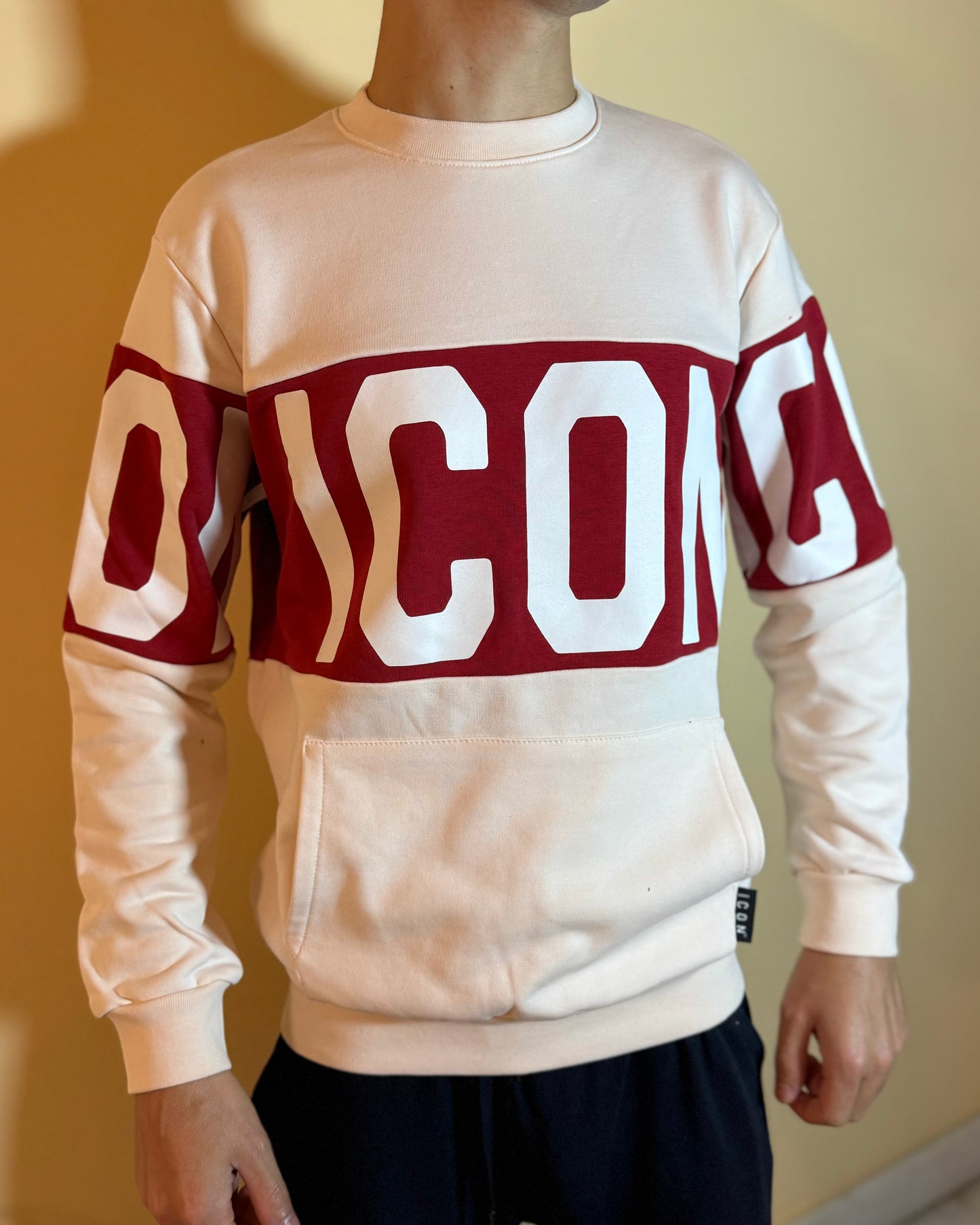 ICON - Felpa beige girocollo con maxi logo bianco e rosso uomo