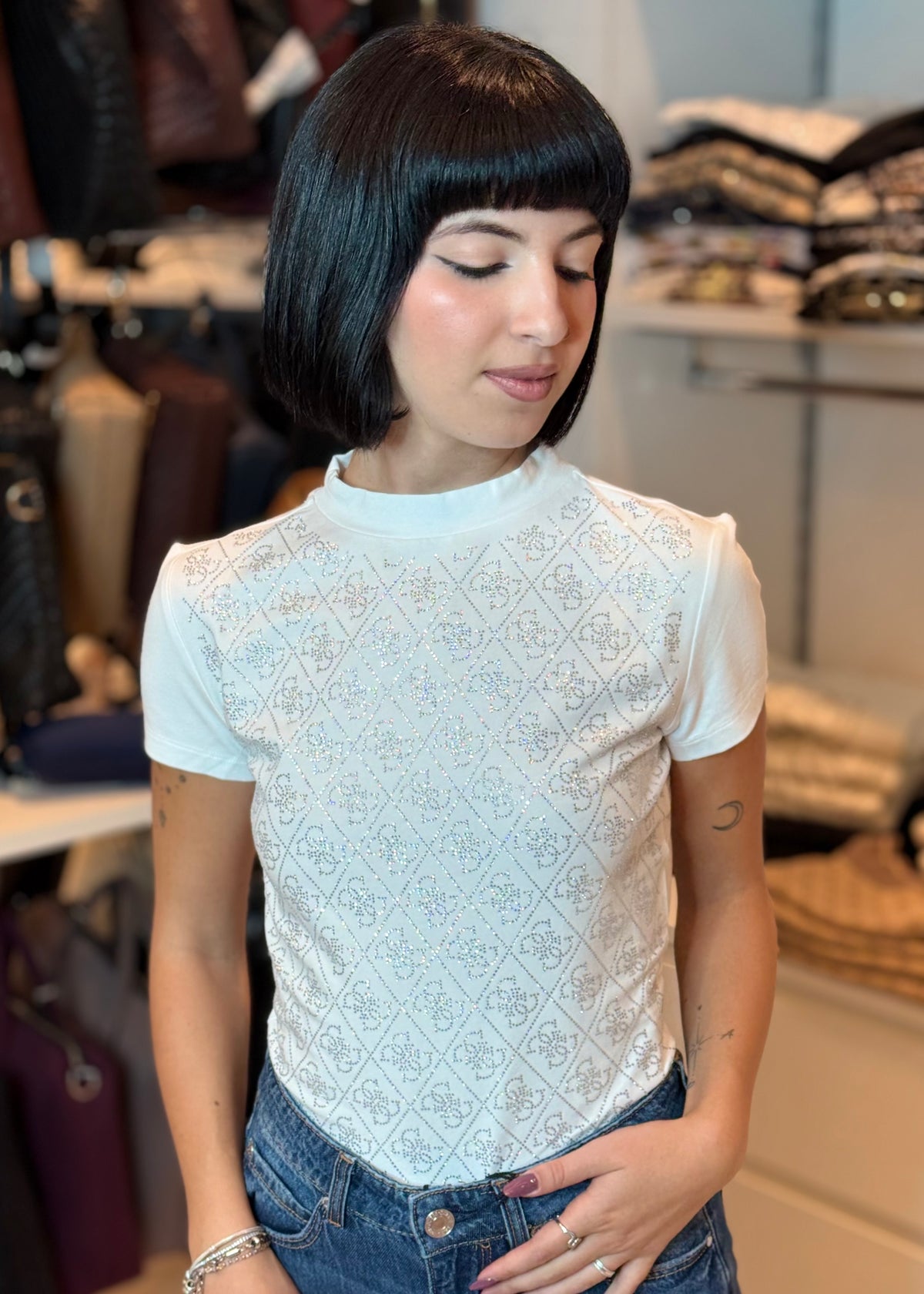 GUESS - T-shirt con logo 4G in strass donna