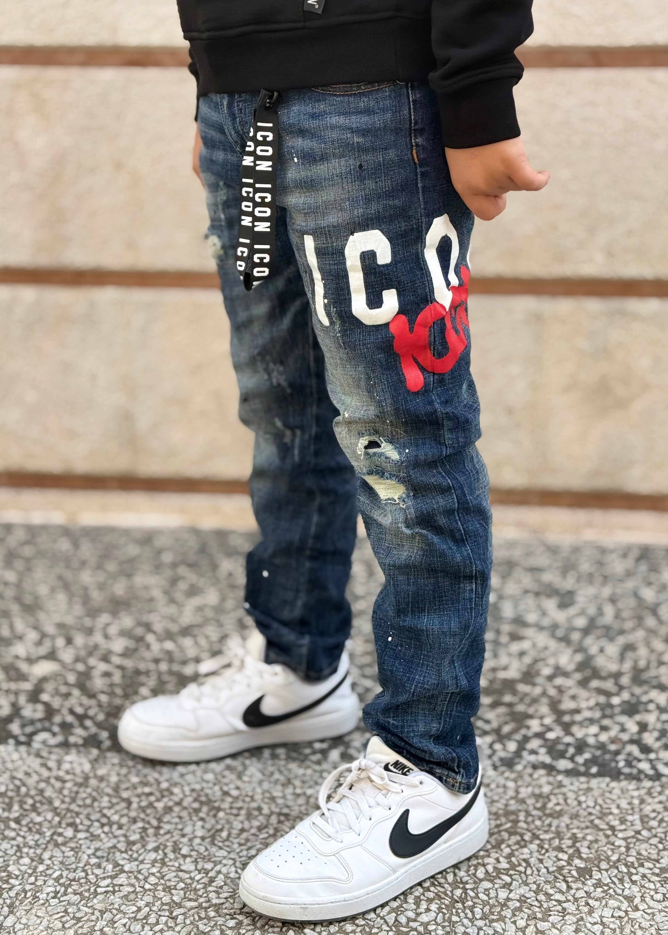 ICON - Jeans con logo bianco e rosso bambino