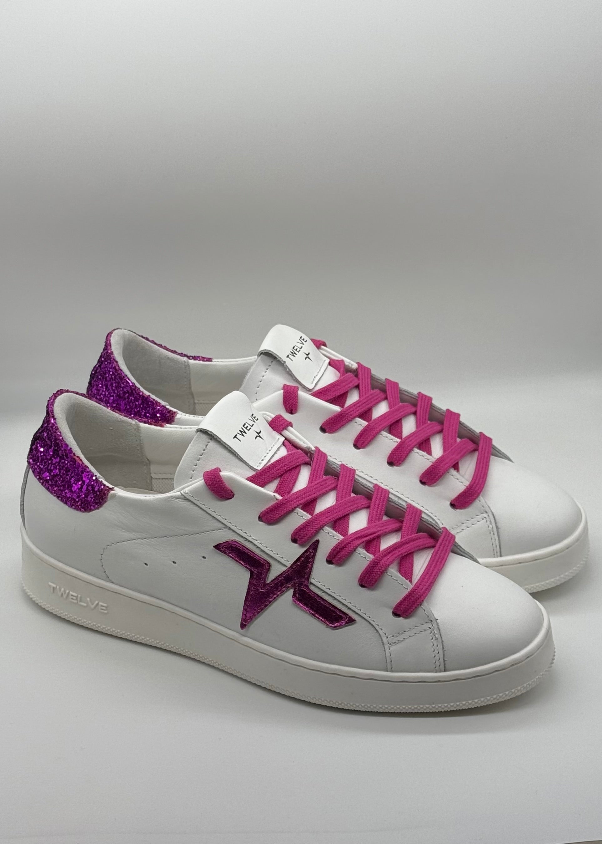 TWELVE - Sneakers bianca con logo fucsia e brillantini donna