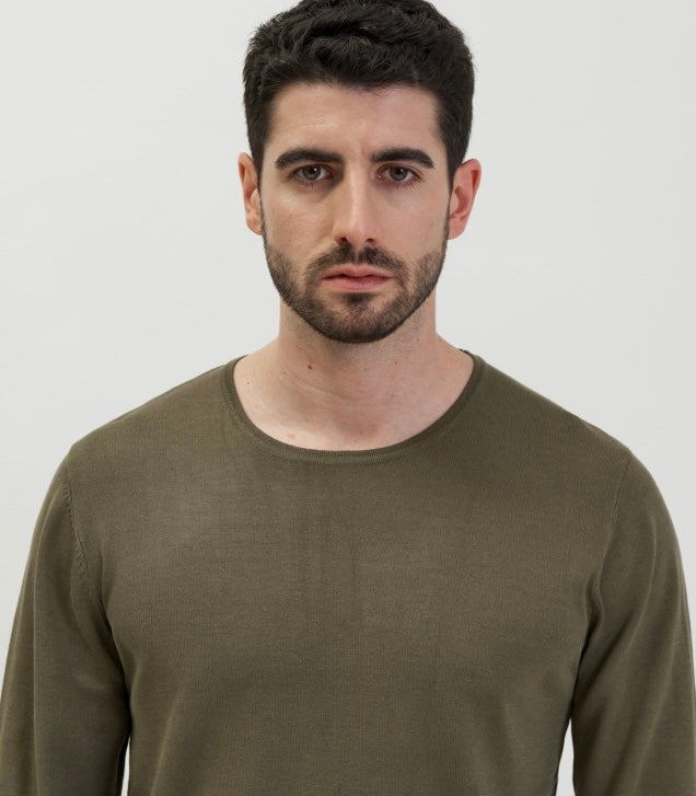 GIANNI LUPO - Maglioncino girocollo verde militare in lana rasata uomo