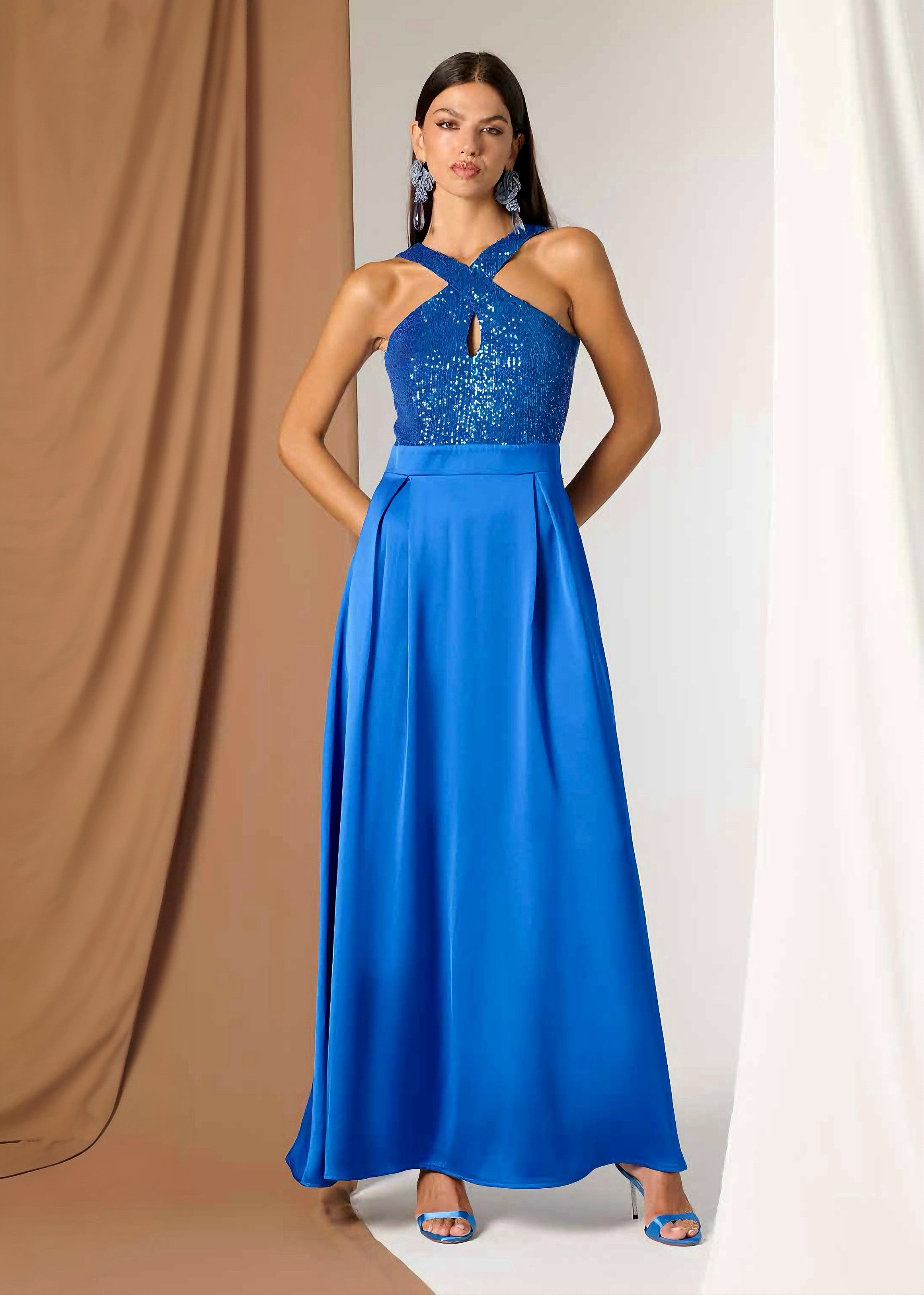 JE-NE - Abito lungo royal con corpetto in paillettes donna