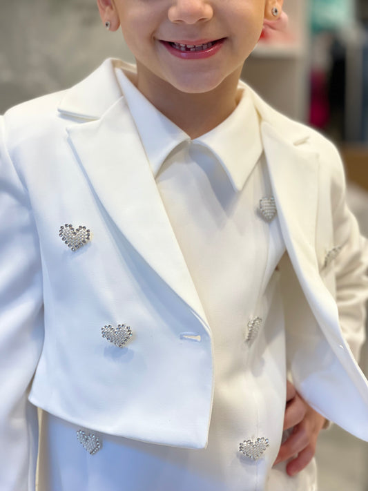 FUN FUN - COUTURE - Giacca bianca crop con bottoni gioiello a cuore bambina