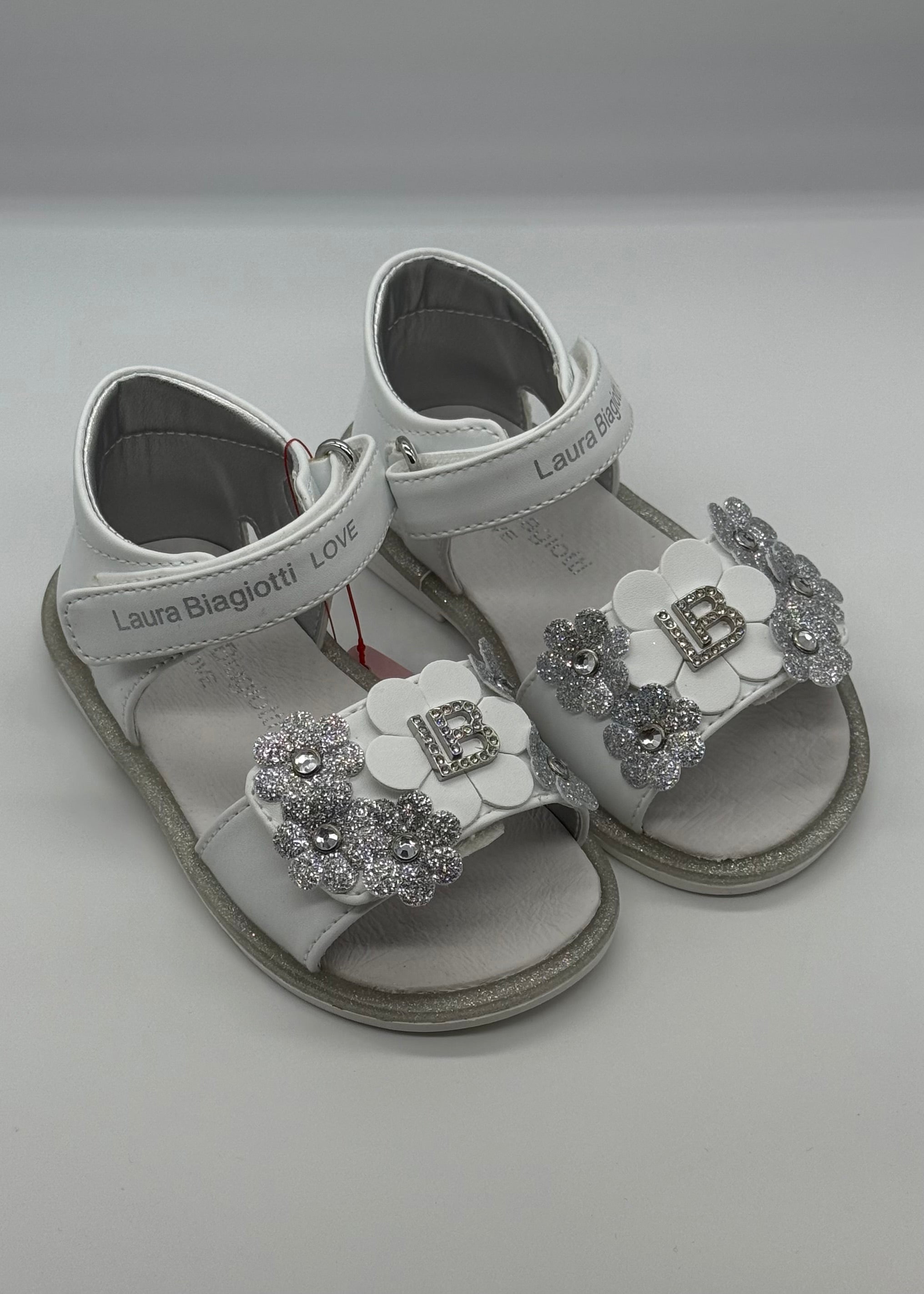 LAURA BIAGIOTTI - Sandalo bianco con fiori argento bambina